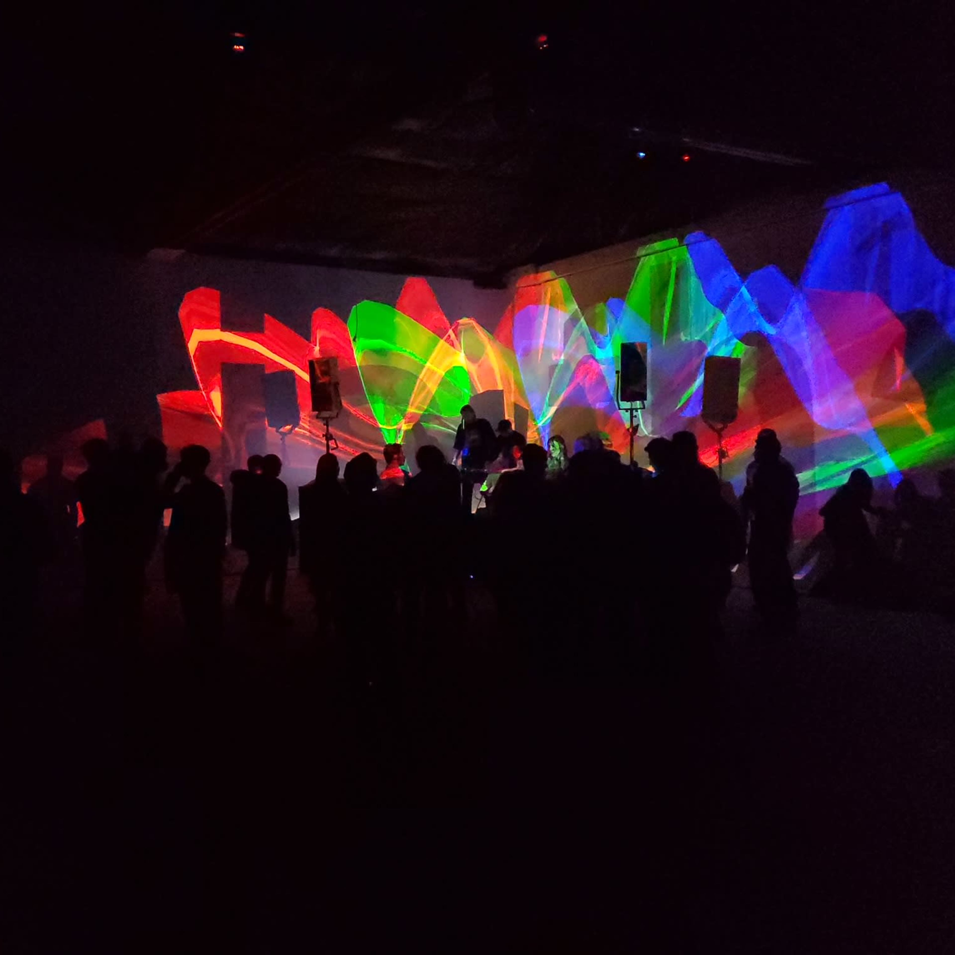 A crowd stands in shadow as colorful light patterns project onto a large wall in a dimly lit venue.
