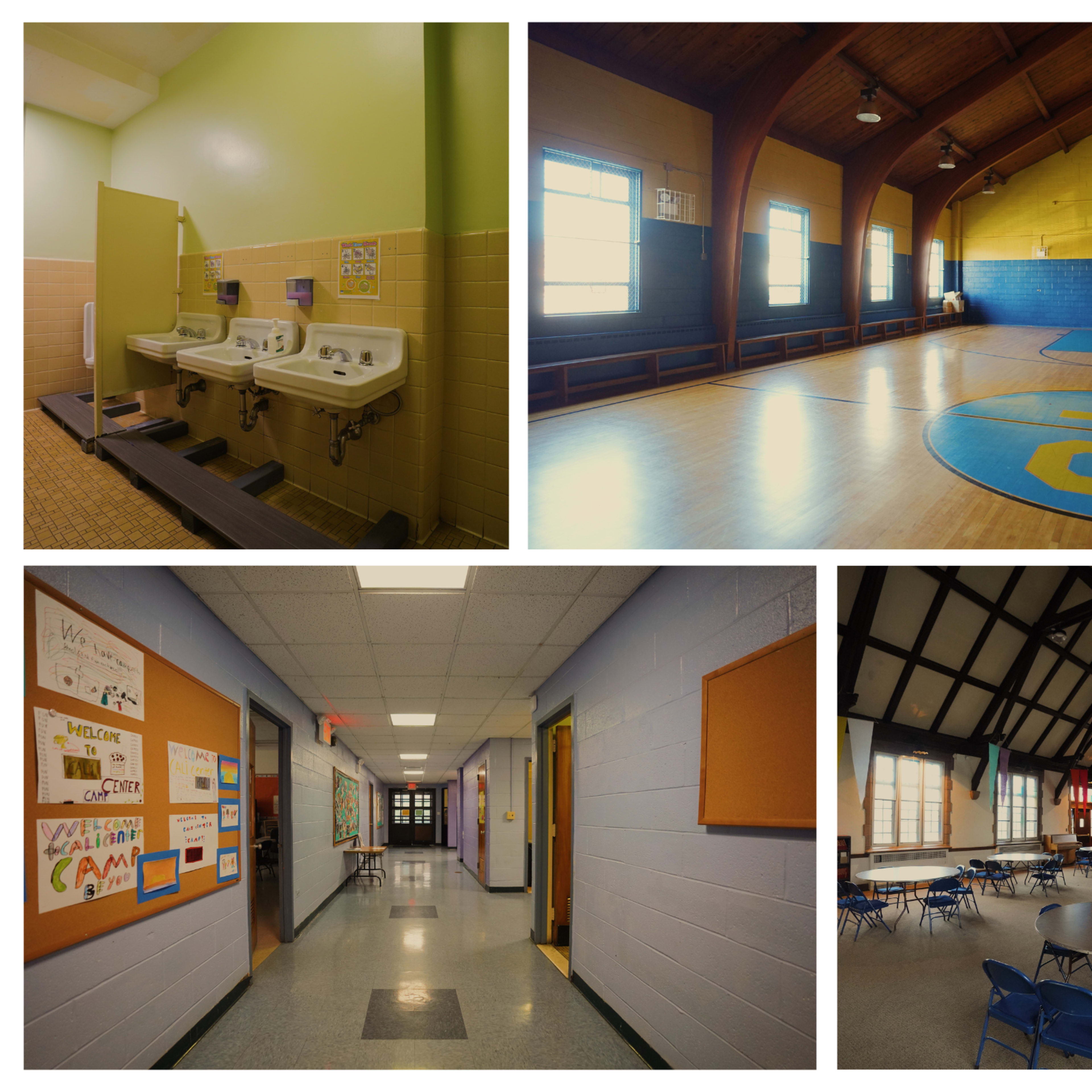 Various areas of a school, including a bathroom with sinks, a gymnasium with a basketball court, a corridor with bulletin boards, and a multi-purpose room with tables and chairs.