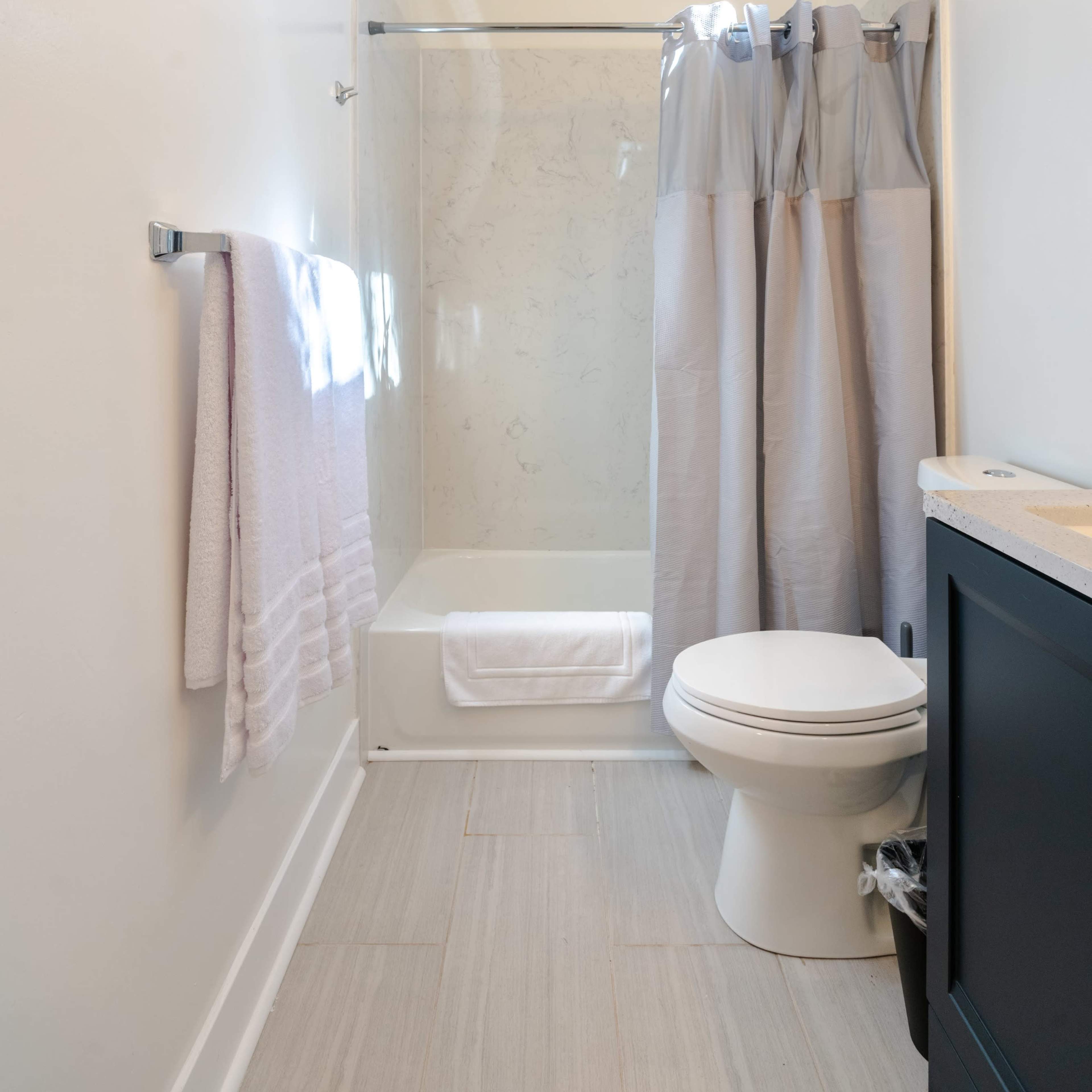 A minimalist bathroom featuring a shower with a glass door, a toilet, and a small vanity with a sink.