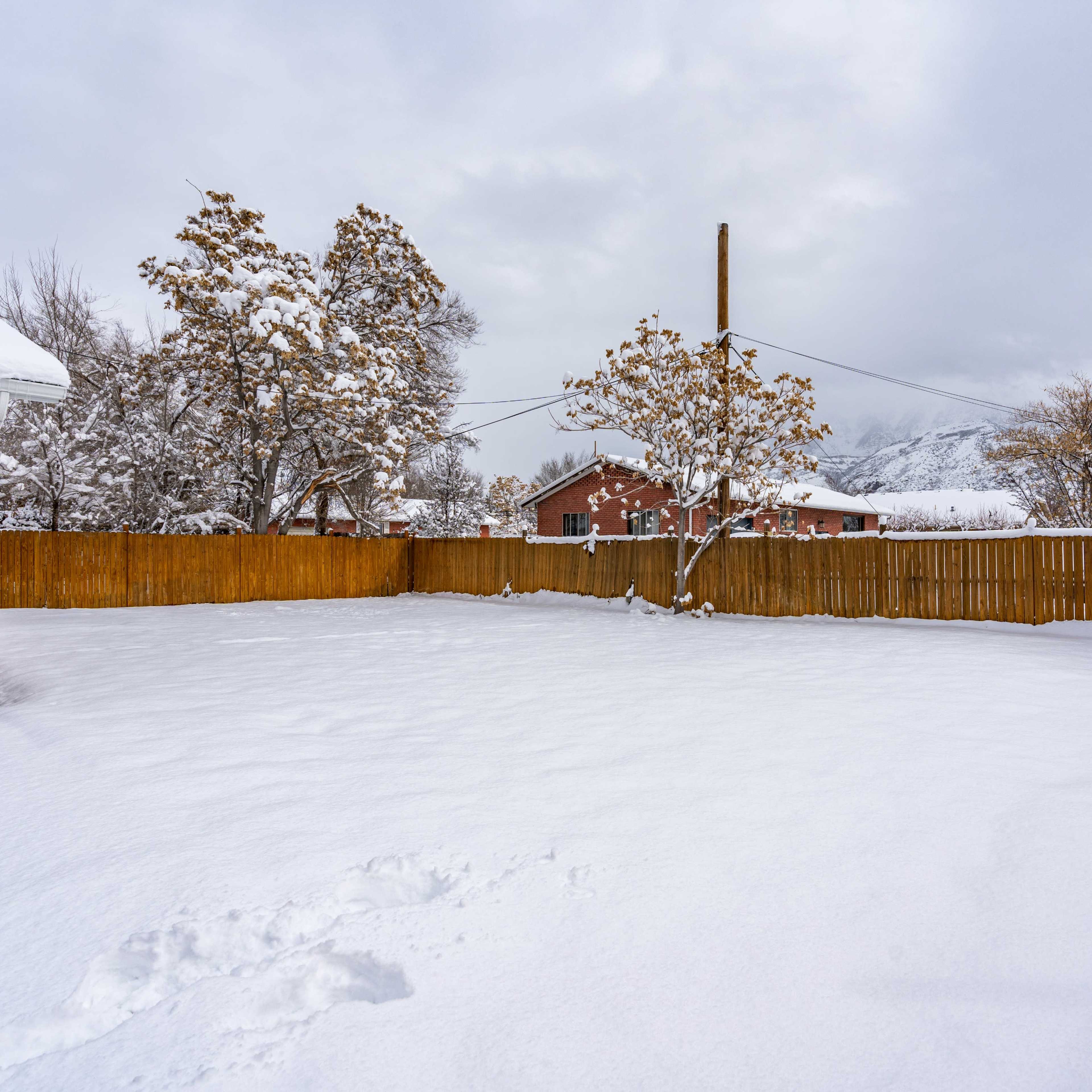 A snowy backyard is enclosed by a wooden fence, with trees and distant houses visible under a cloudy sky.
