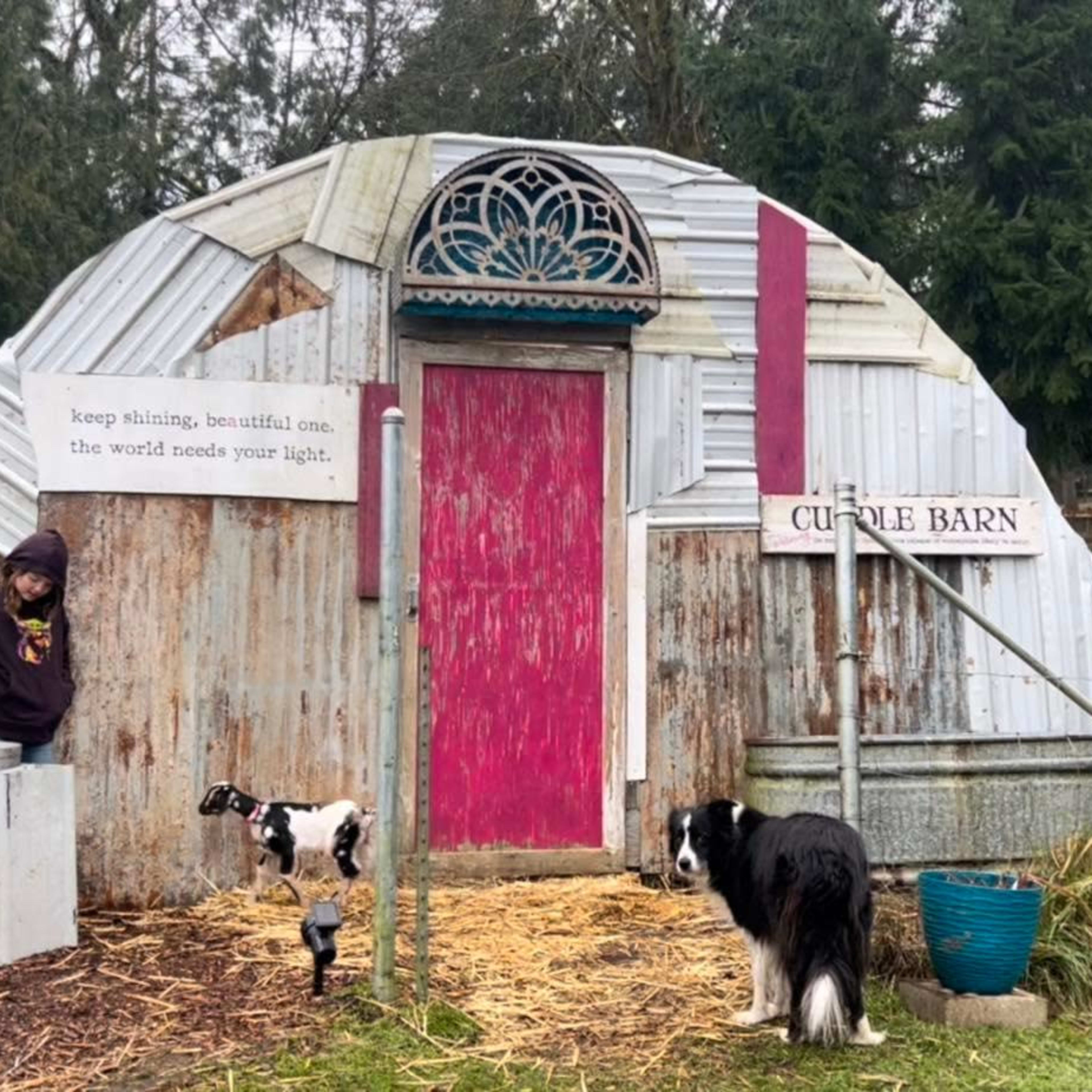A woman stands by a curved barn with a colorful door, accompanied by a goat and a dog in a rural setting.