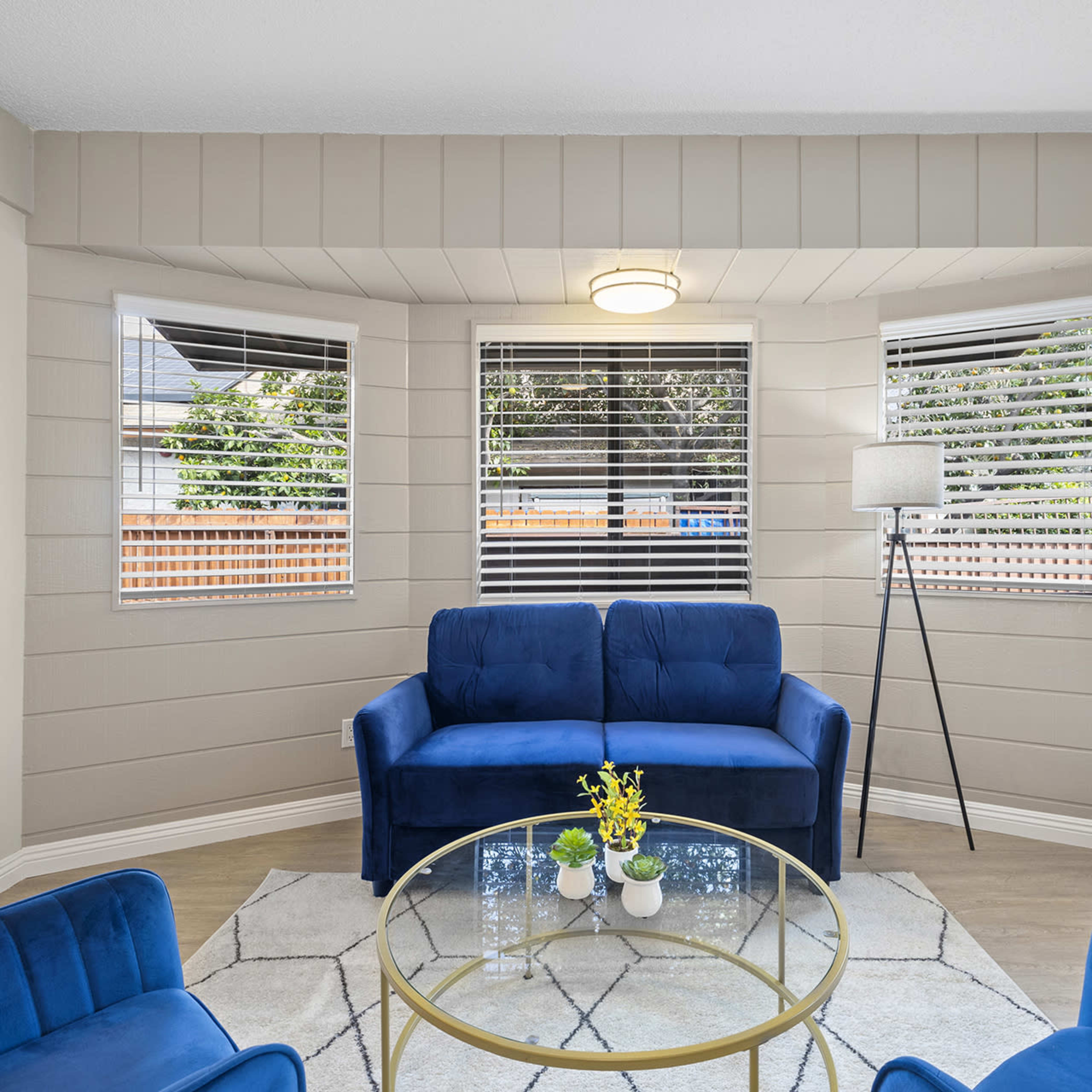 A cozy living room with a blue couch and armchairs arranged around a circular glass coffee table, surrounded by windows with blinds.