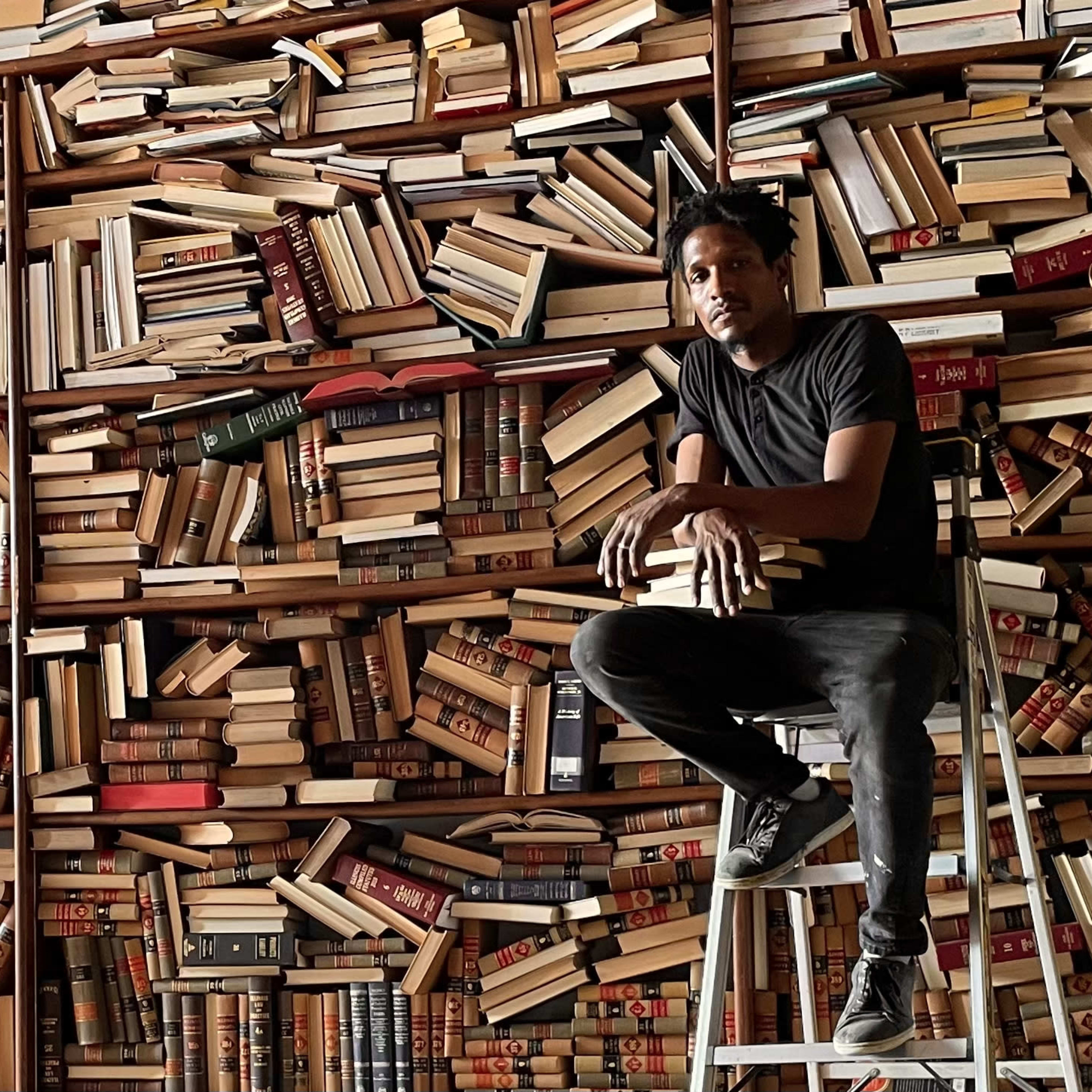 A person sits on a stool in front of a wall densely covered with stacked books.