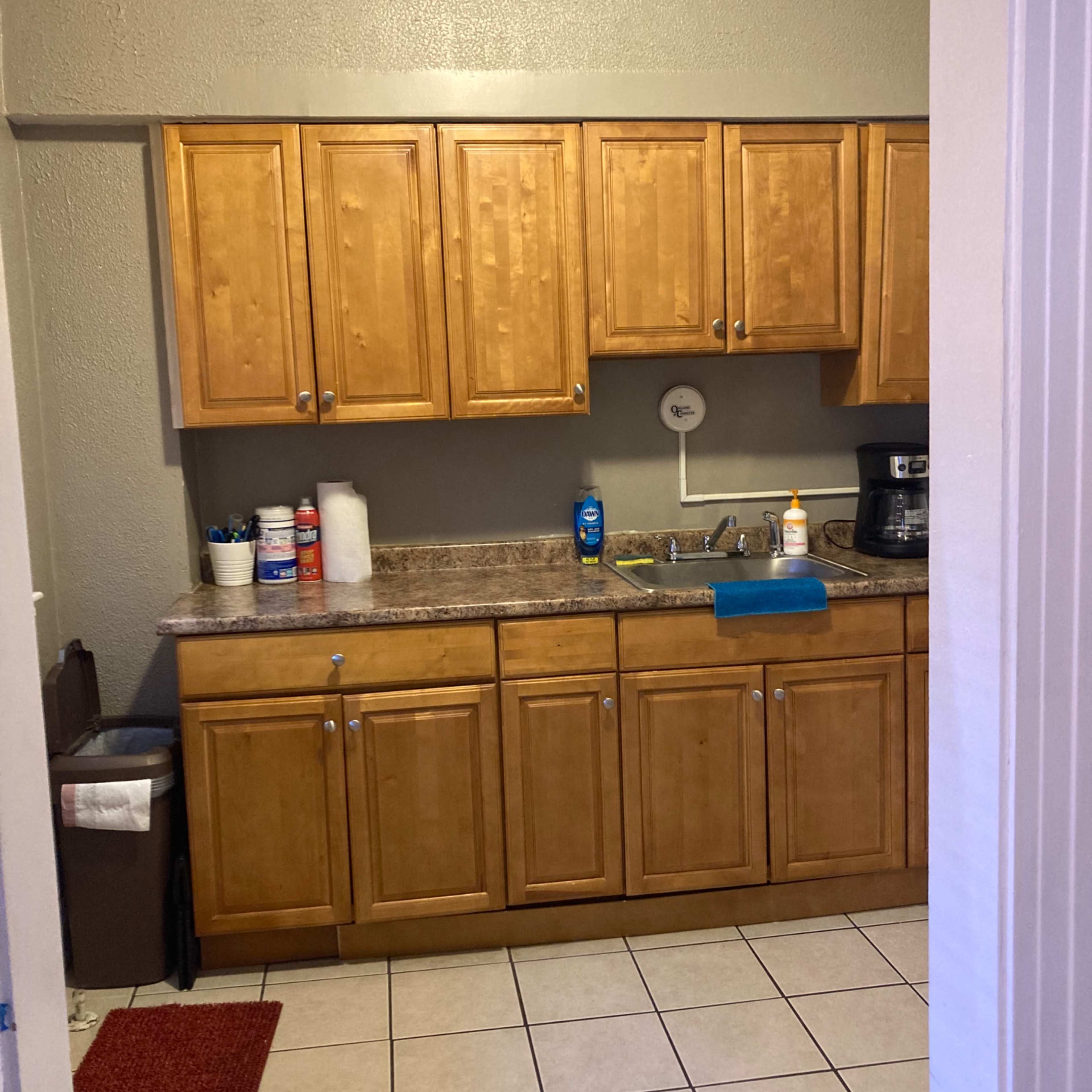 A kitchen with wooden cabinets, a countertop, and a sink, along with various cleaning supplies and a trash can.