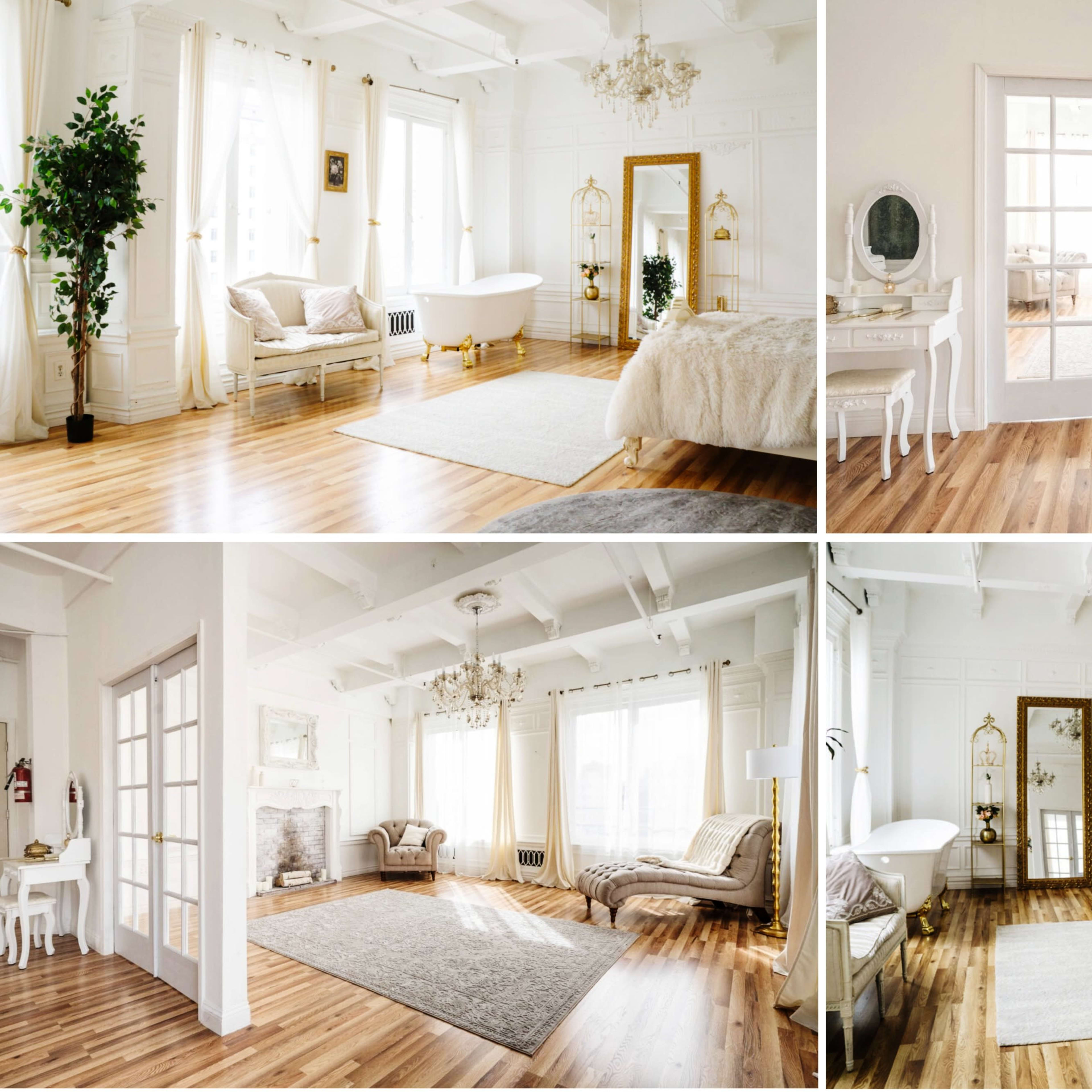 A bright and spacious room with wooden flooring, large windows, and a mix of elegant furniture pieces including a bed, a sofa, and a bathtub.
