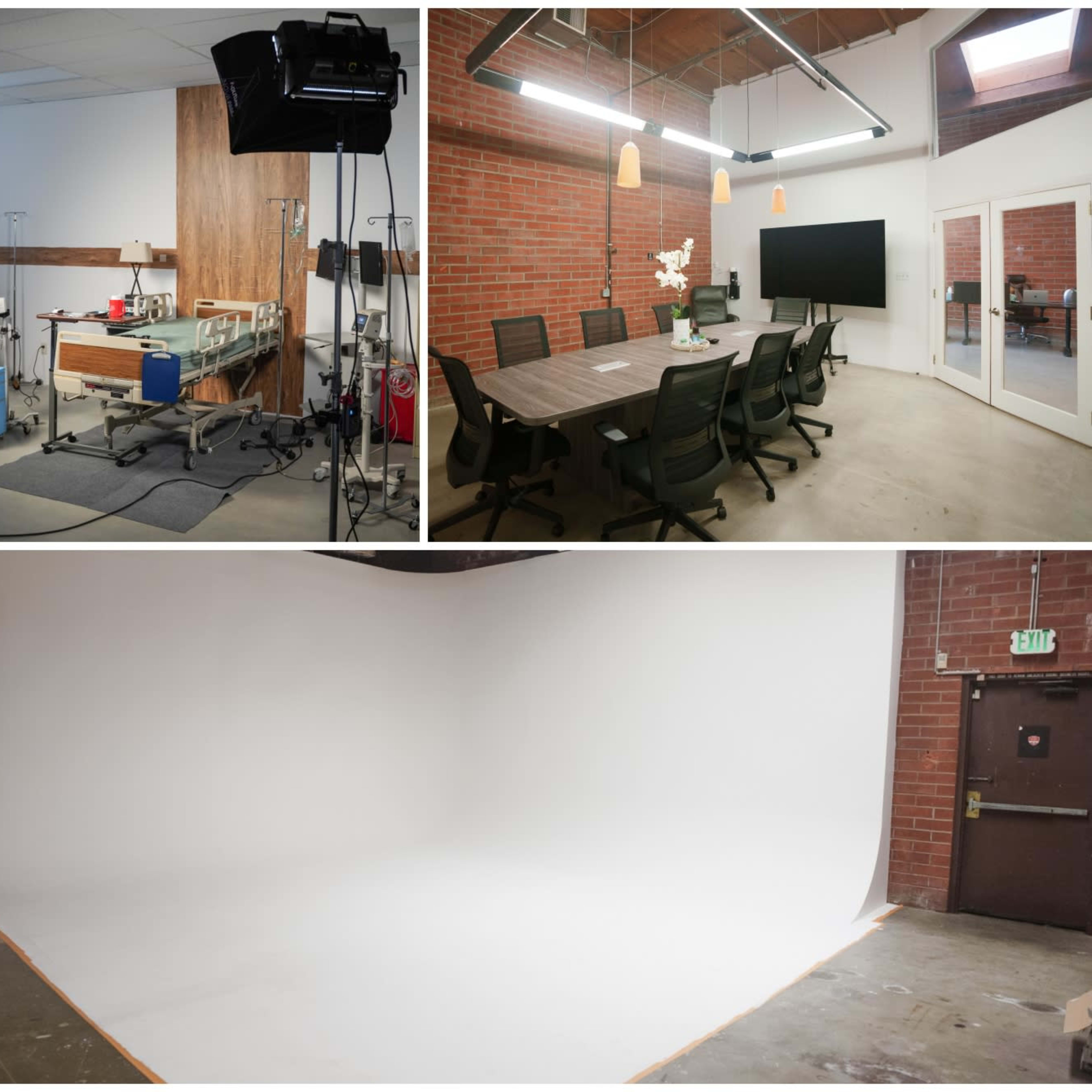 Three distinct spaces: a studio setup with equipment, a conference room with a large table and screen, and a plain backdrop area for photography.
