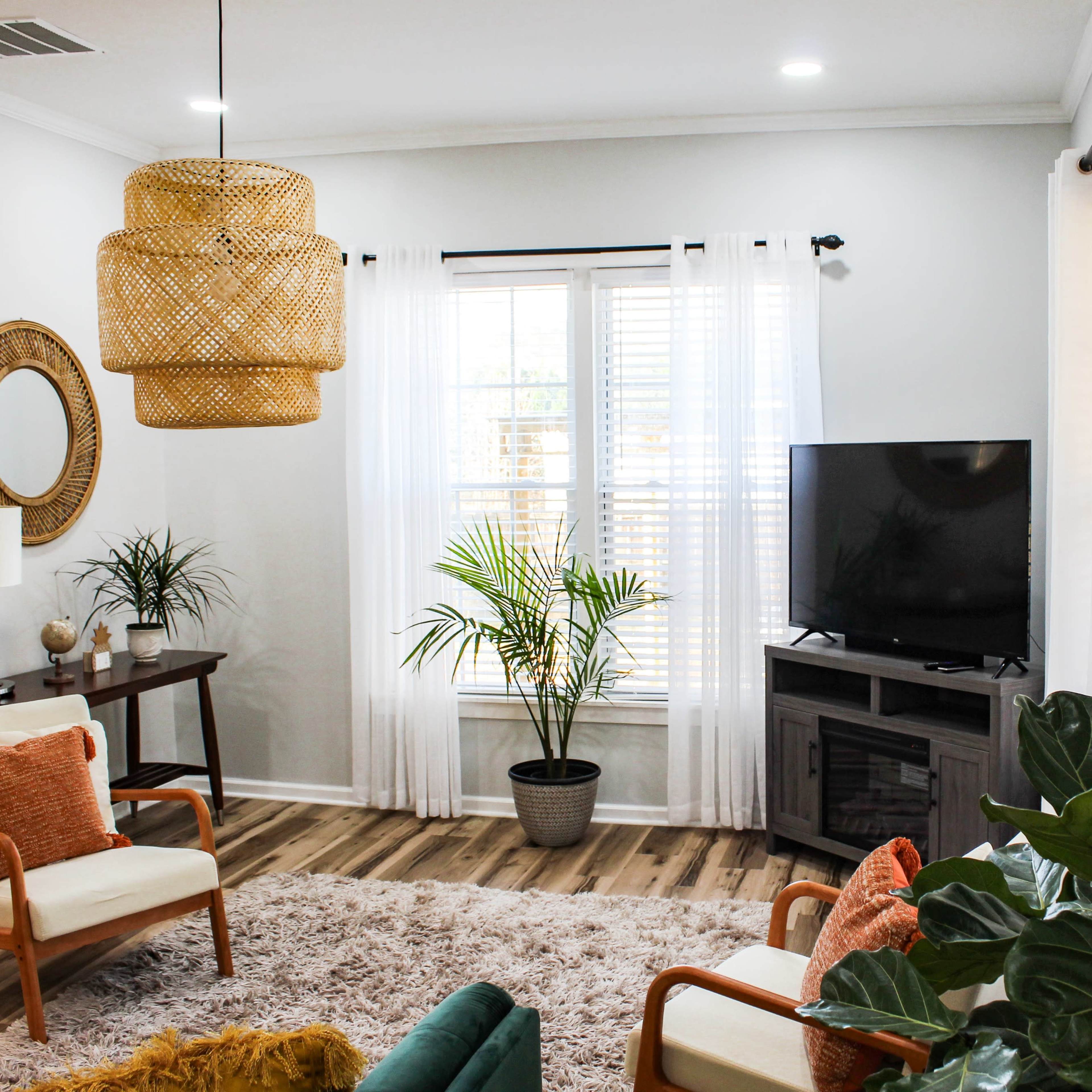 A cozy living room features a television, potted plants, and patterned cushions on chairs, with natural light filtering through sheer curtains.