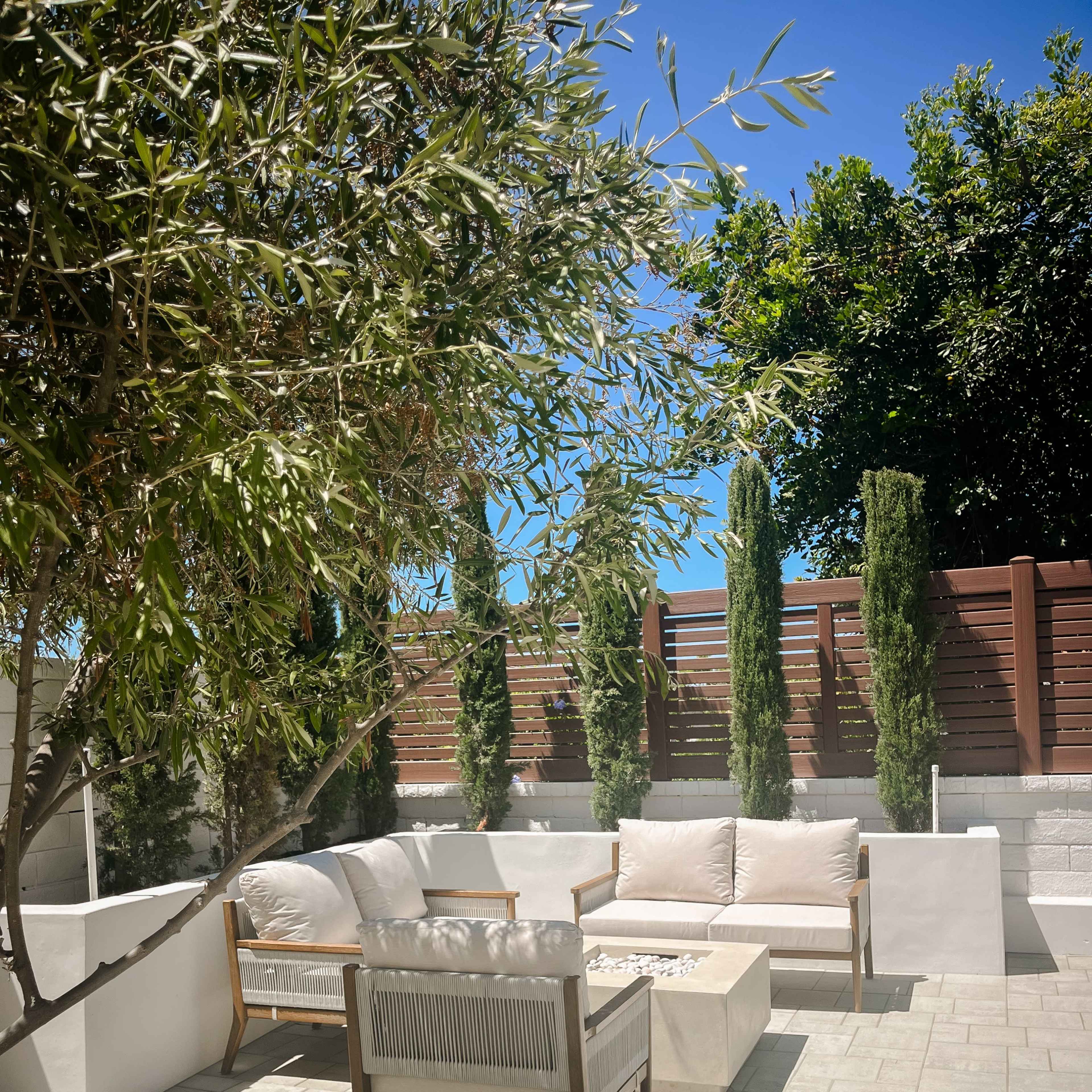 A modern outdoor seating area features beige couches and a coffee table surrounded by tall greenery and a wooden fence.