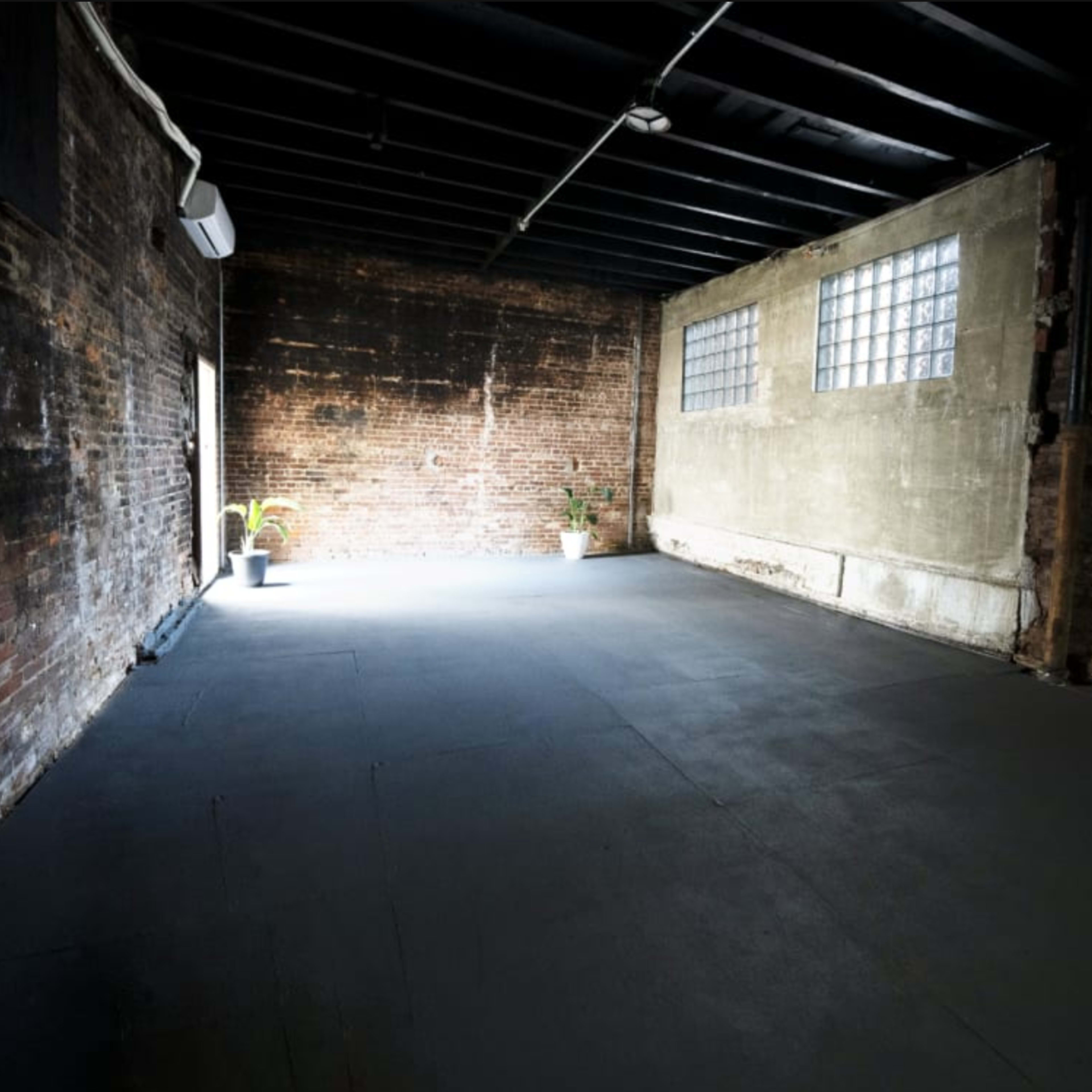 A large, empty industrial space with exposed brick walls, large windows, and a single potted plant in the corner.