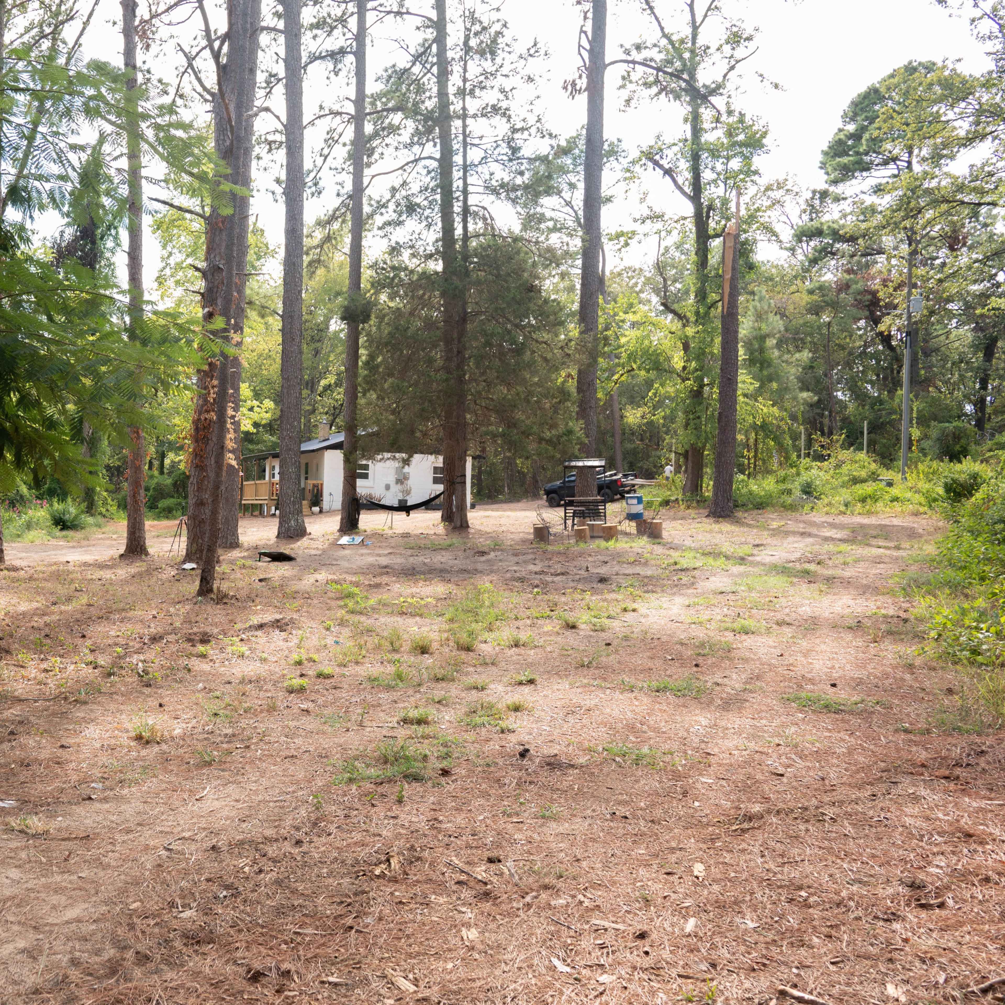 A clearing in a forest surrounded by tall trees, featuring a small building and outdoor furniture.