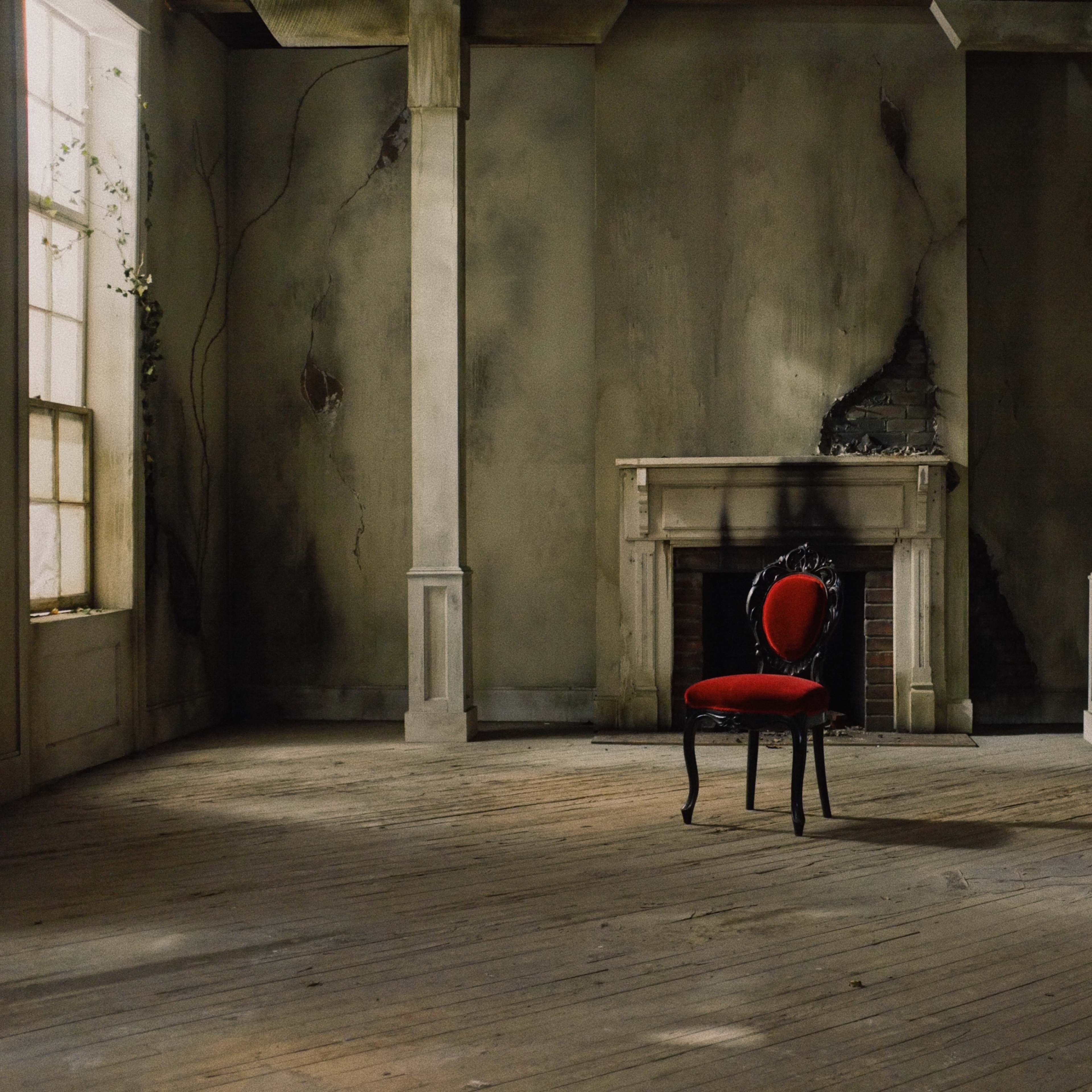 An empty room features a single red chair in front of a fireplace, with peeling walls and wooden floors.