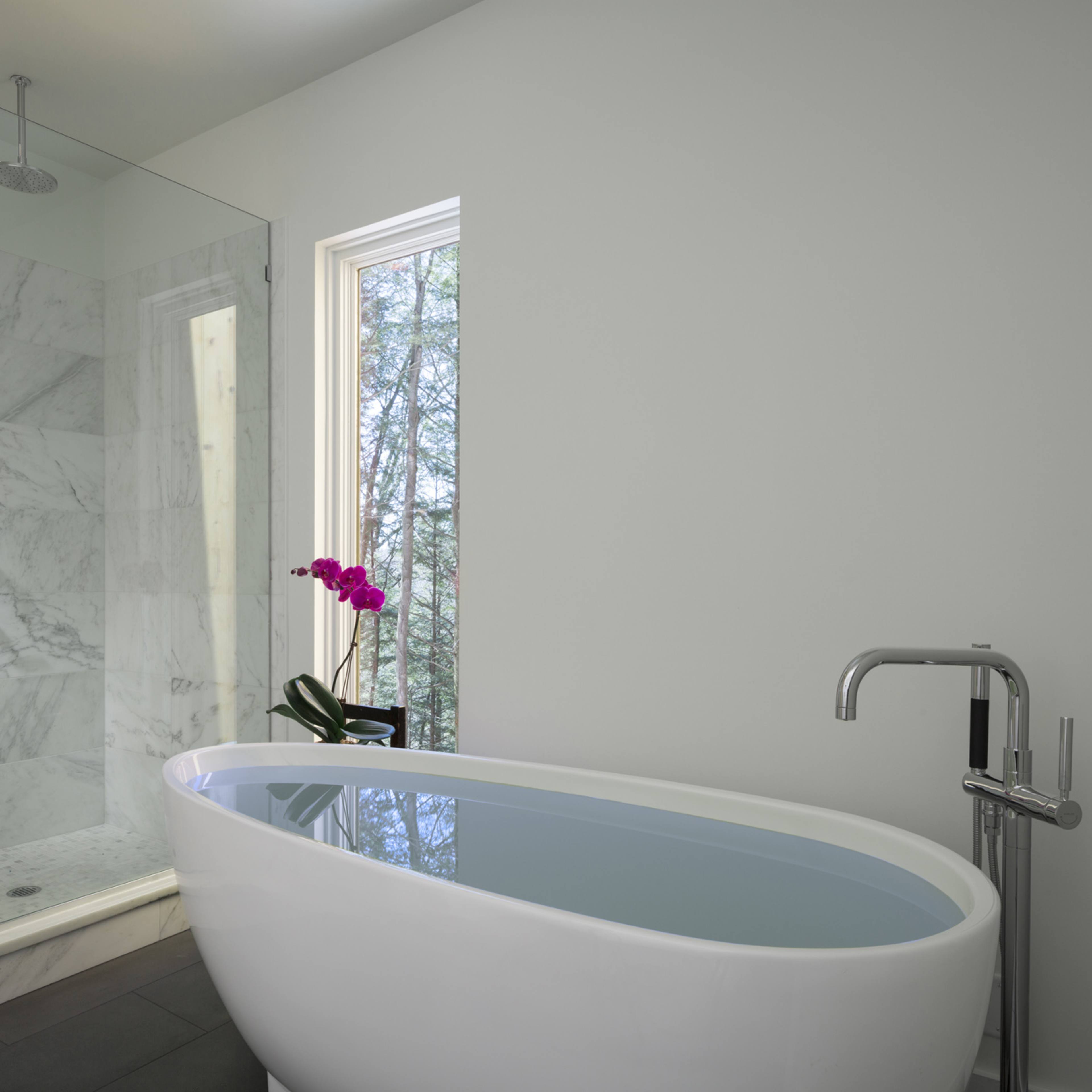 A modern bathroom features a freestanding white tub and a glass shower enclosure with marble walls, alongside a window and an orchid plant.