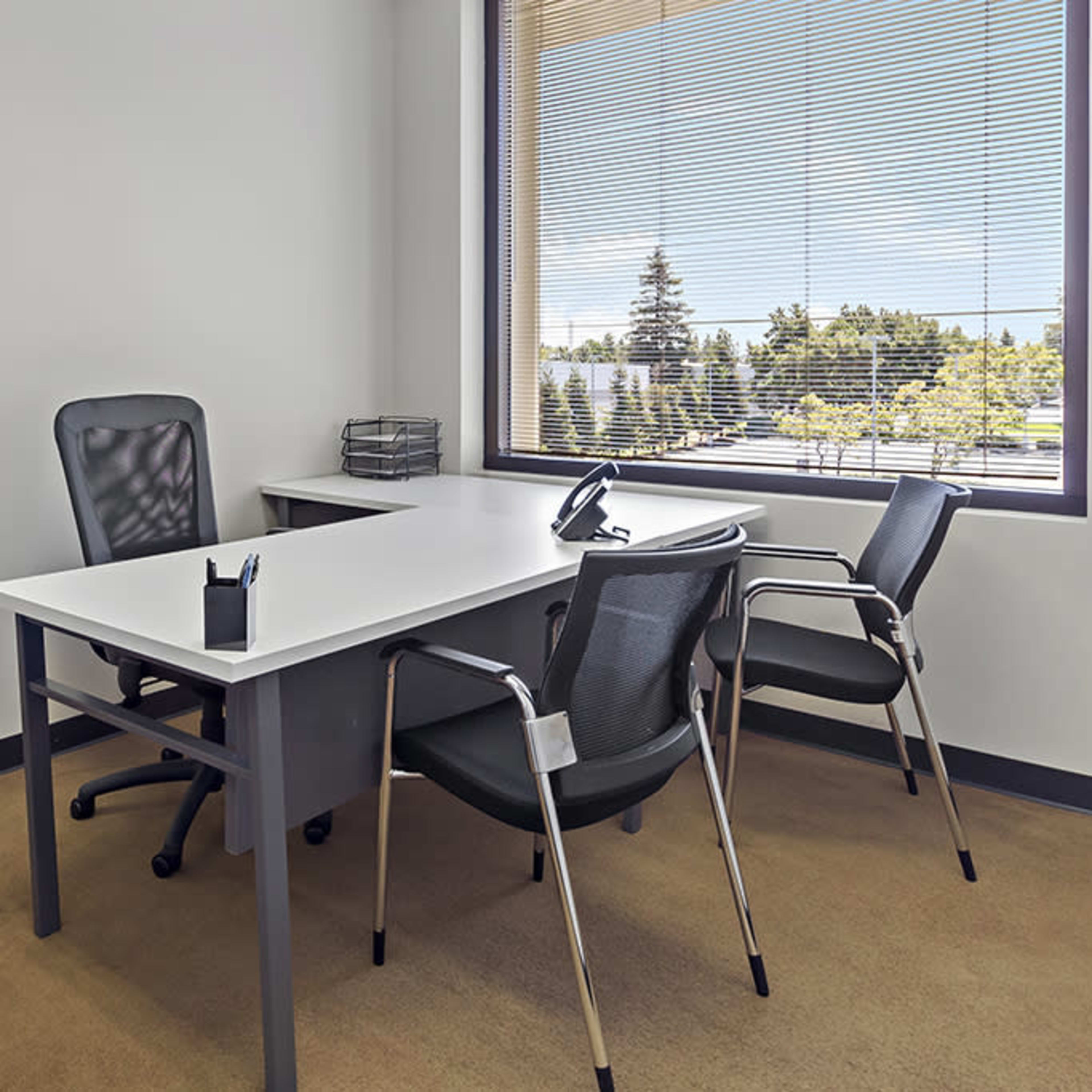 A minimalistic office space featuring a desk, two chairs, a telephone, and a large window with blinds, overlooking a tree-filled exterior.