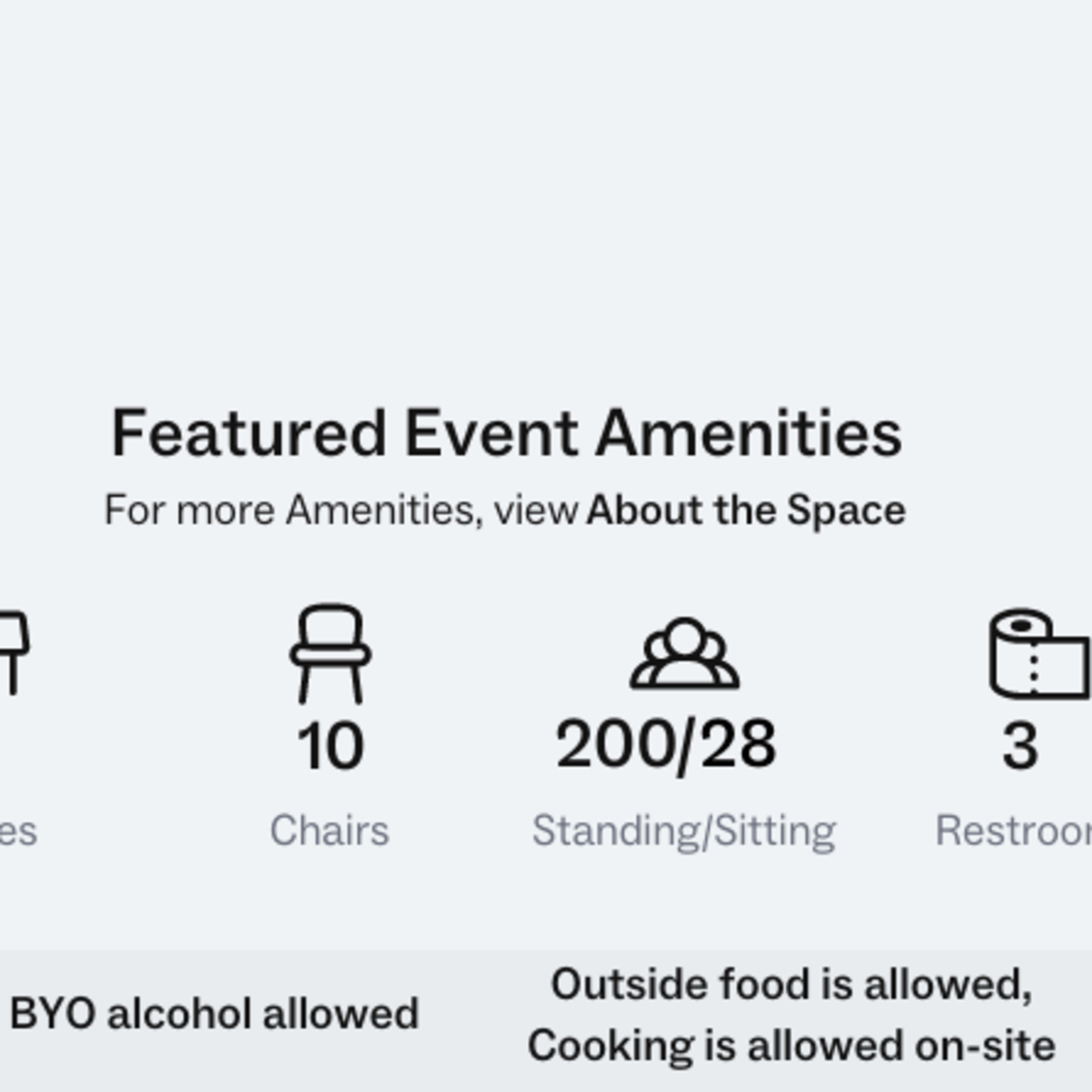 Event amenities, including 1 table, 10 chairs, a capacity of 200 standing or 28 seated, and 3 restrooms, with allowances for BYO alcohol and on-site cooking.