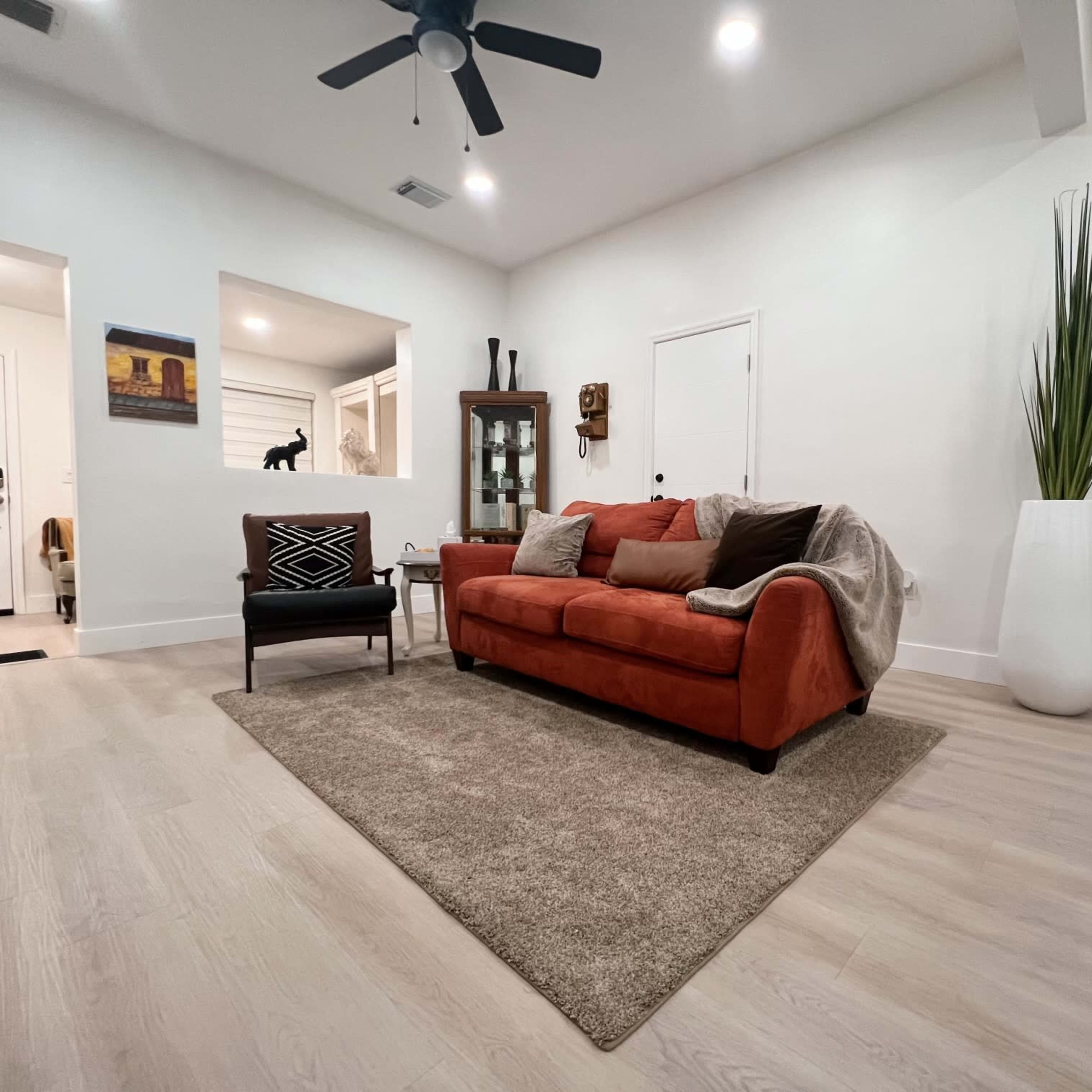 A living room with a red sofa, a decorative armchair, a large white planter with a plant, and a light-colored rug on a wooden floor.
