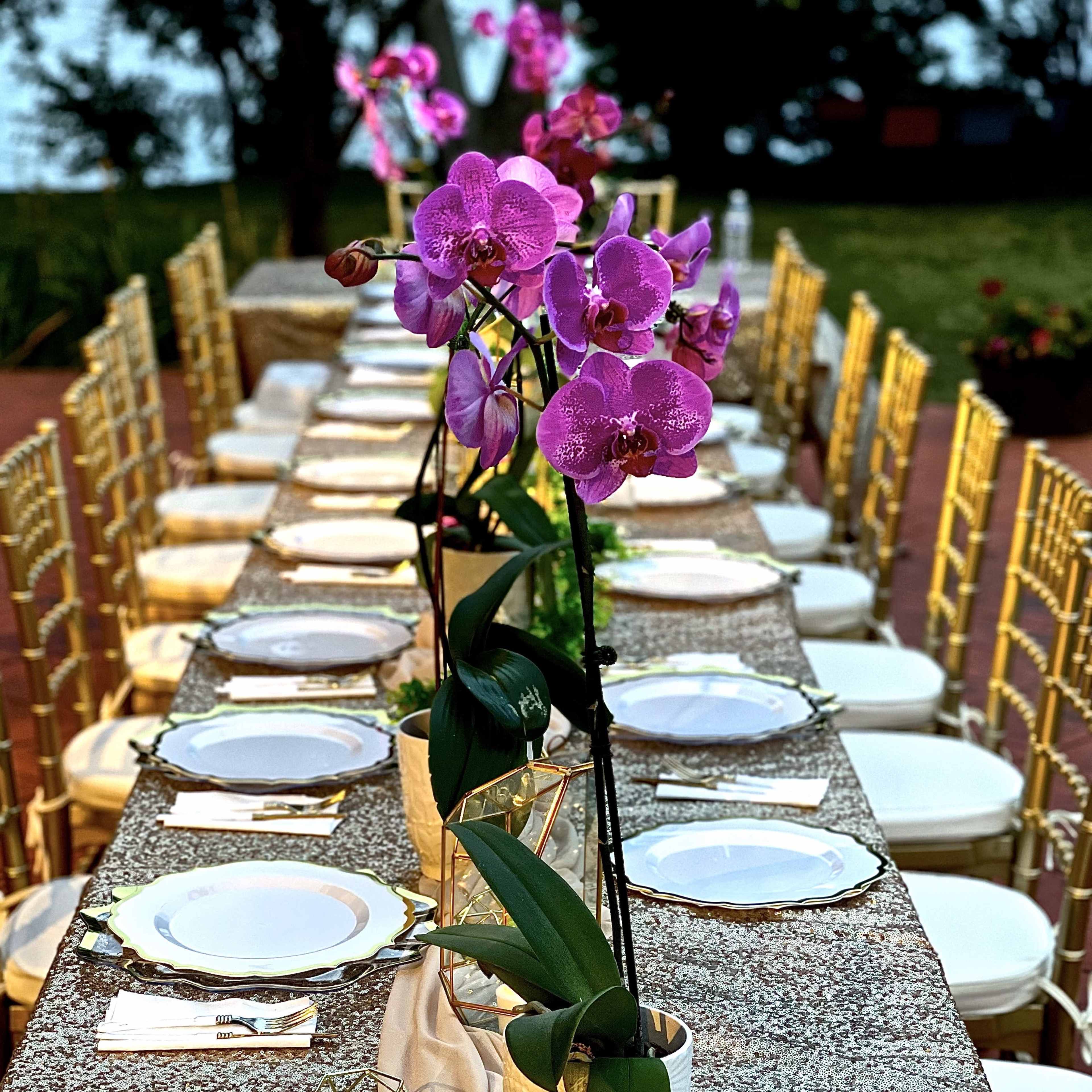 A long outdoor dining table is elegantly set with white plates, gold flatware, and decorated with purple orchids in the center.