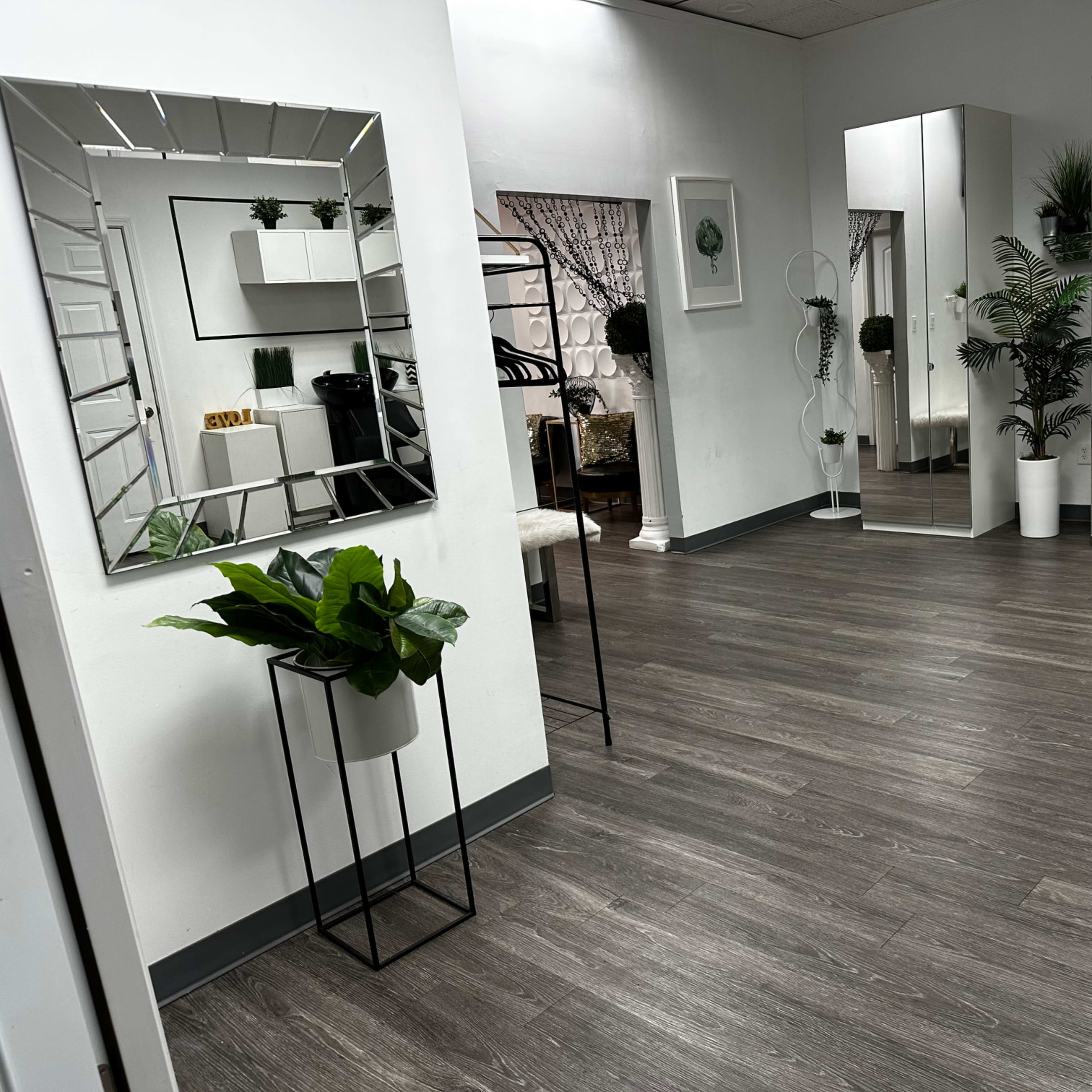 A bright, minimalistic room with wooden flooring, large mirrors, and potted plants arranged along the walls.