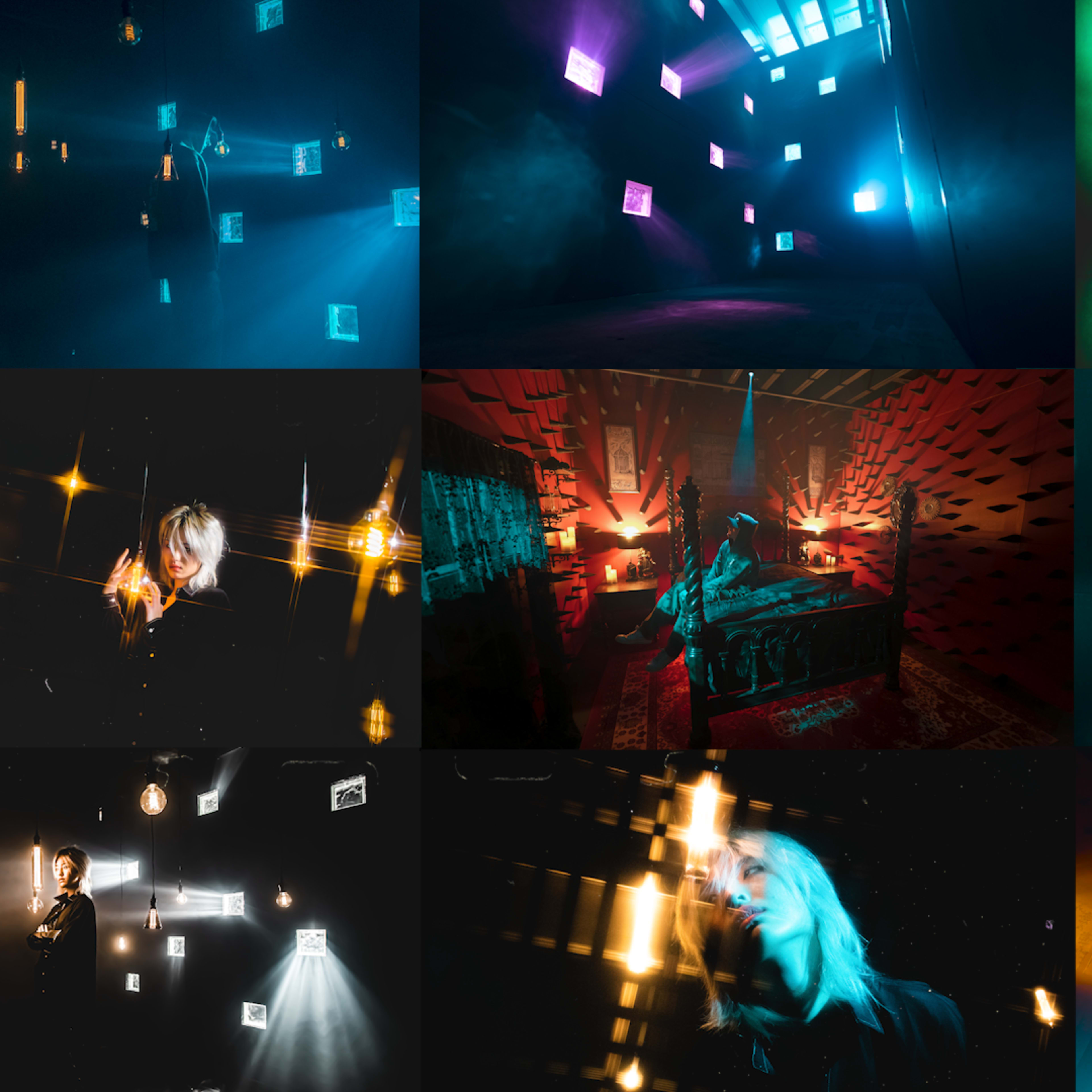 A collage of nine visually striking scenes featuring various abstract lighting arrangements and figures, set against dark backgrounds, creating an atmospheric visual experience.