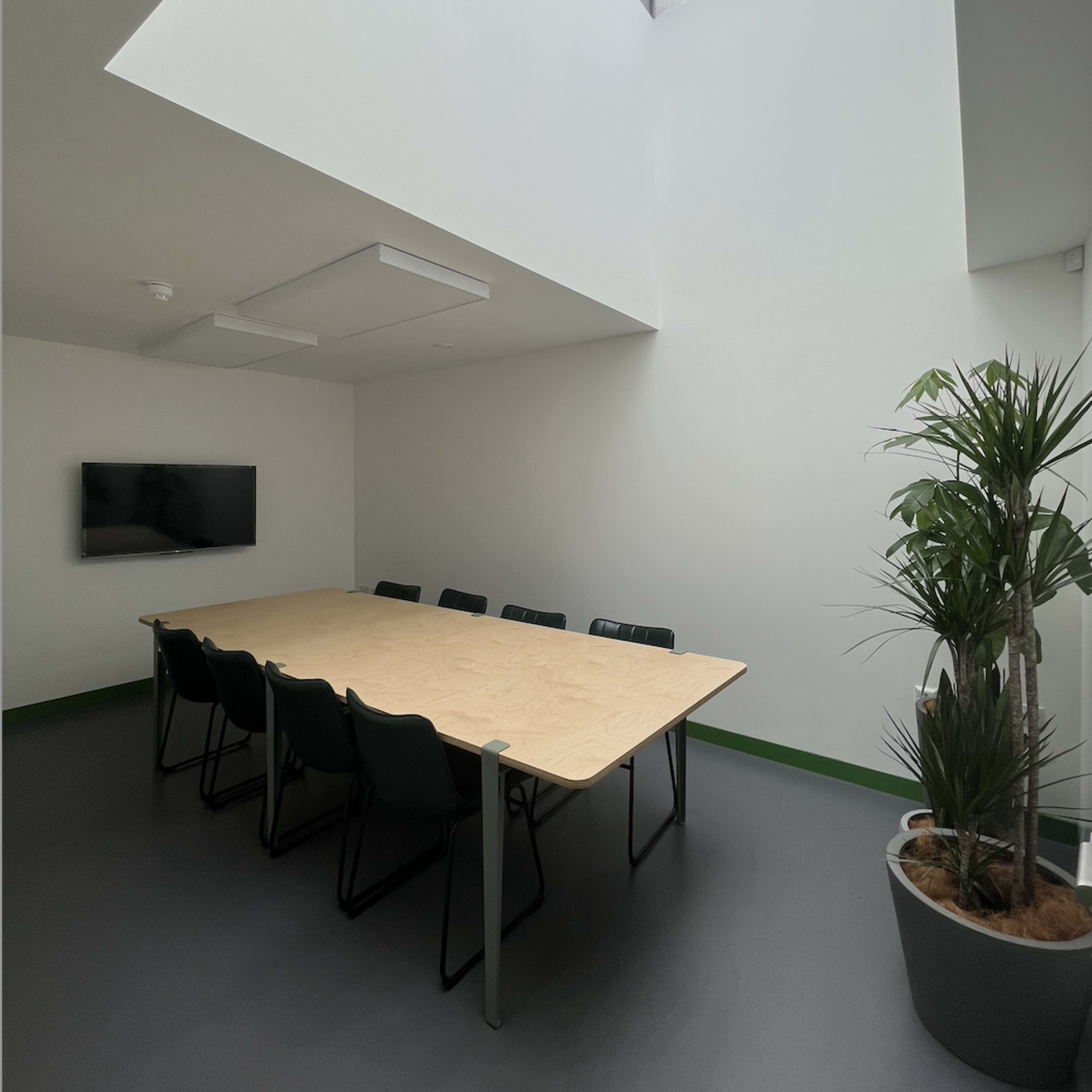 A minimalistic conference room features a large wooden table surrounded by black chairs and a potted plant, with a skylight illuminating the space.