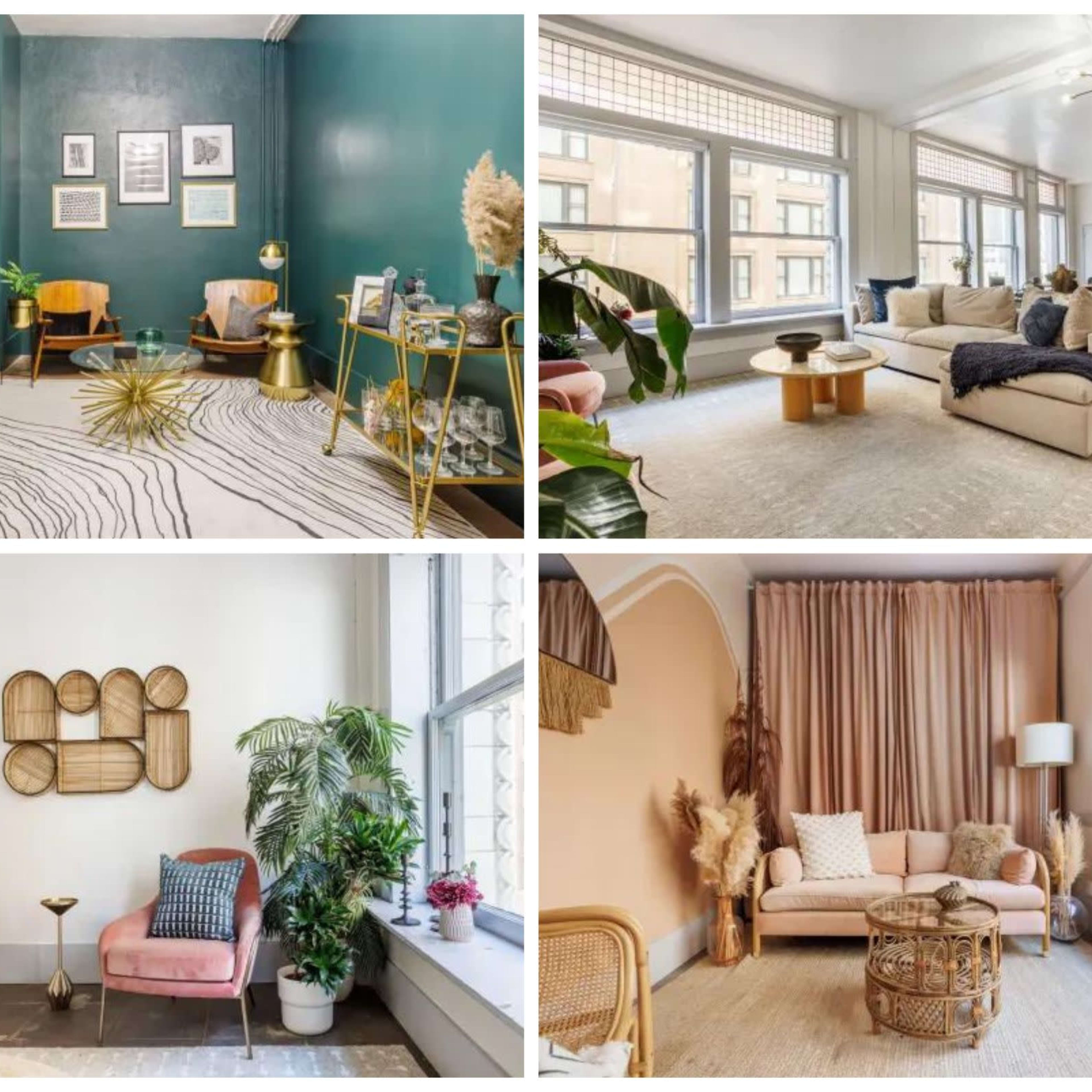 Four distinct interior design settings featuring modern furniture, varied color schemes, and decorative elements such as plants and rugs.