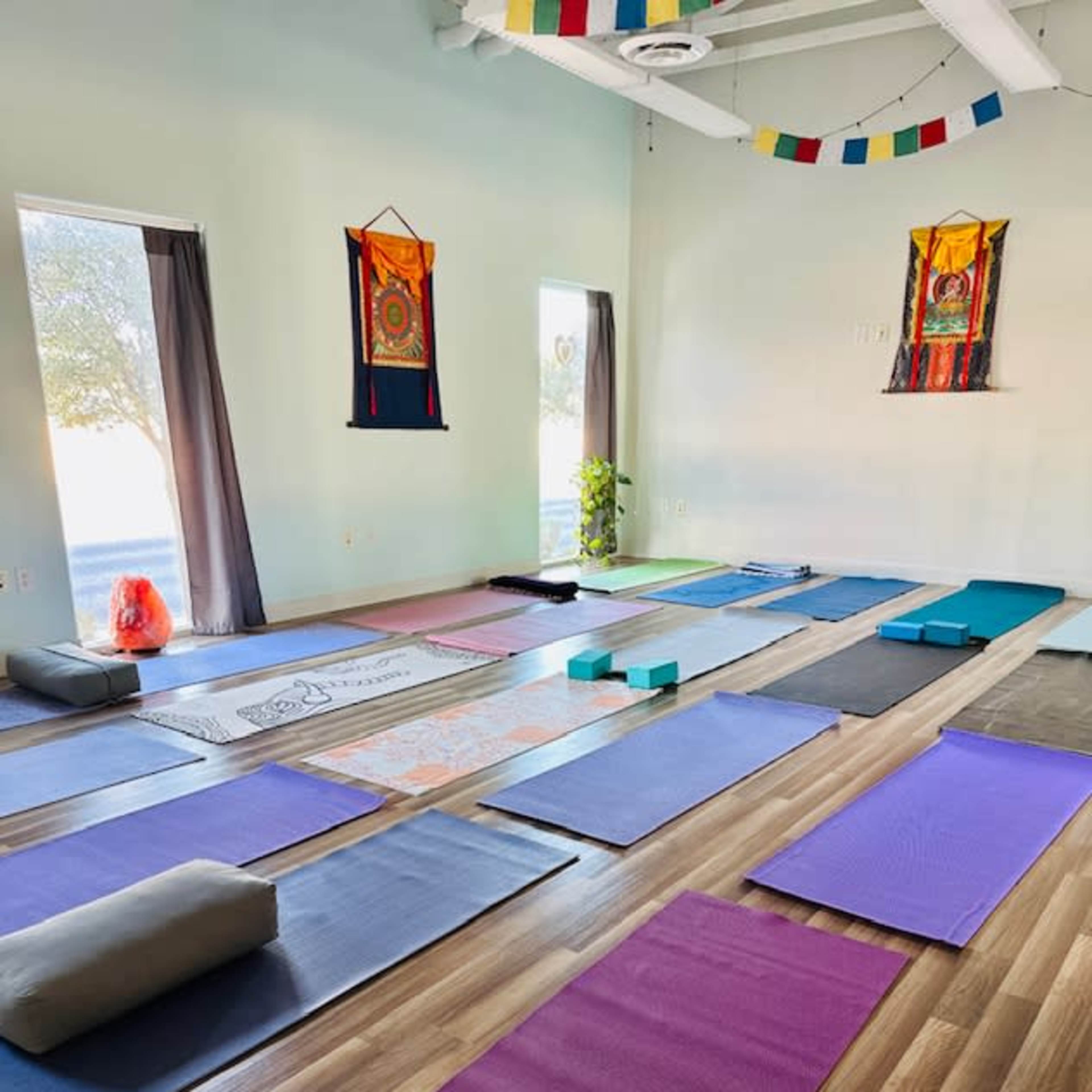 A yoga studio with colorful mats arranged in rows, surrounded by decorative walls and natural light coming through windows.