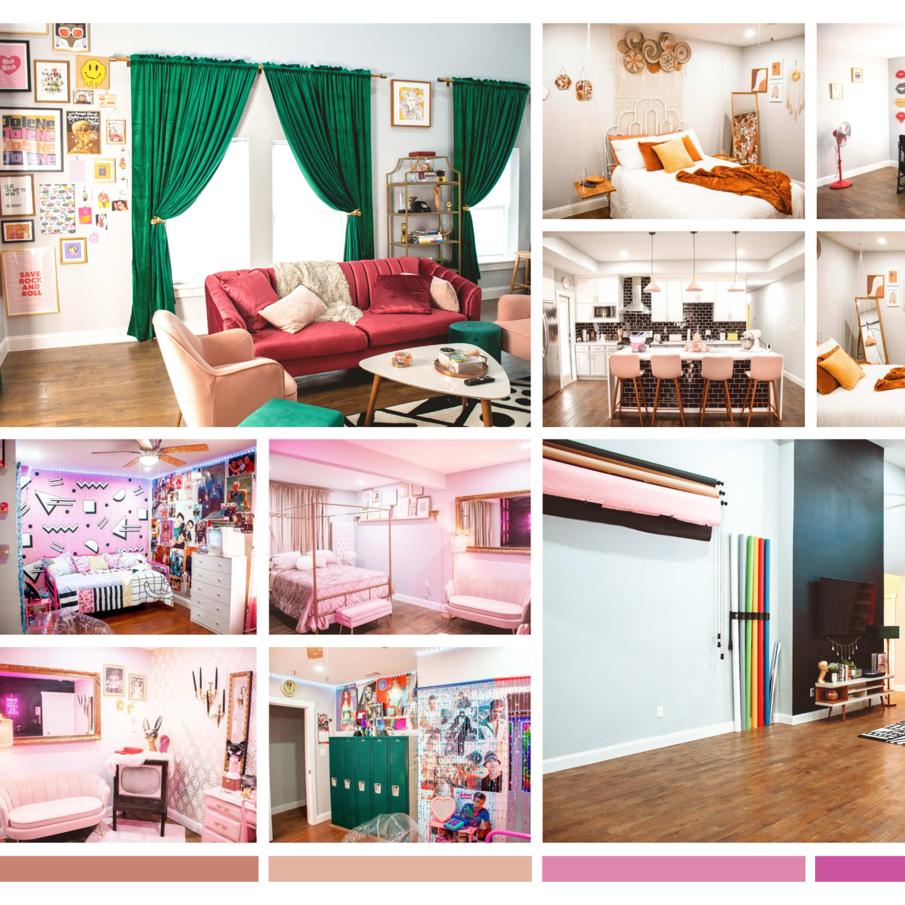 A colorful, multi-functional living space, featuring various styled rooms, including a vibrant living room, a cozy bedroom, and a creative workspace.
