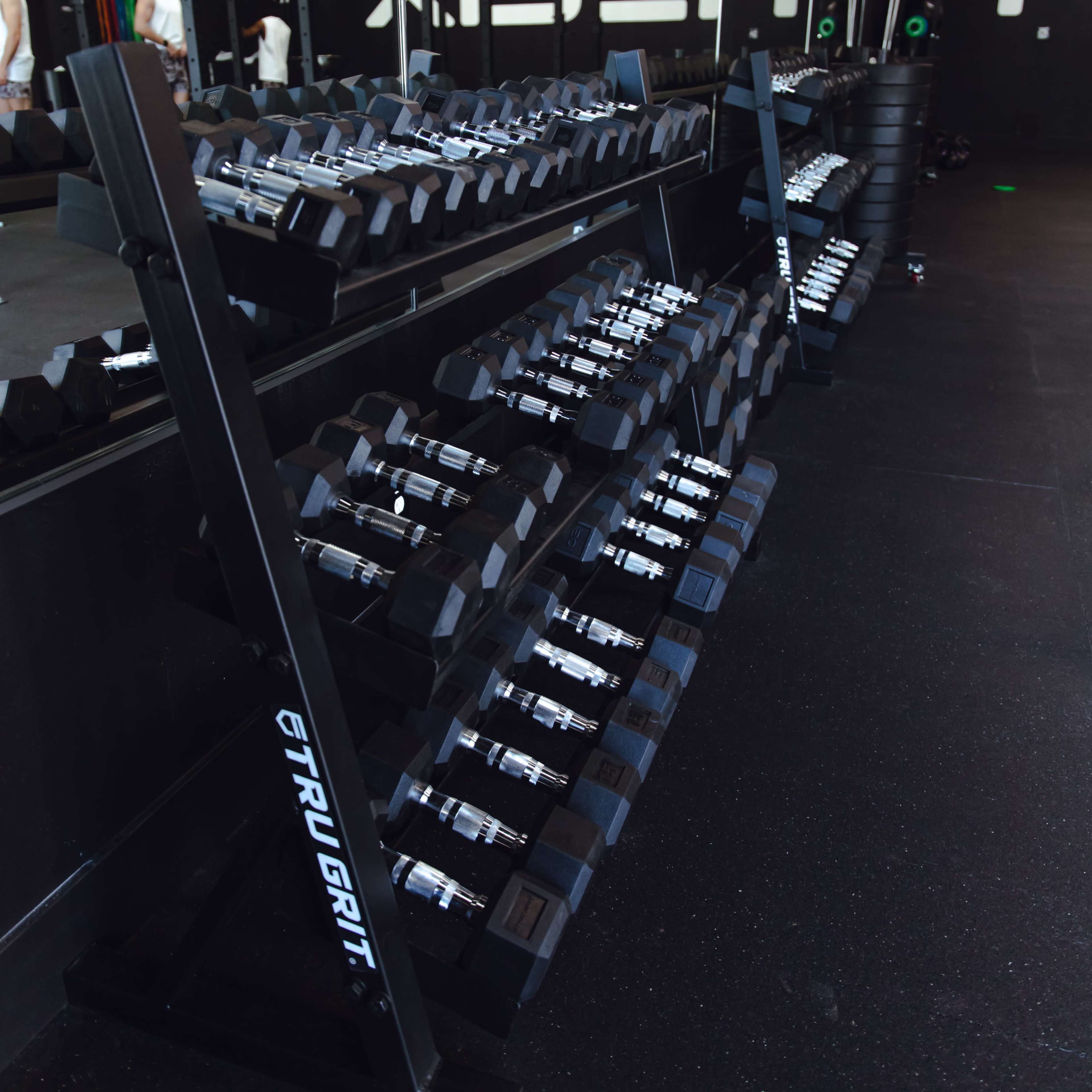 A row of dumbbells is neatly arranged on a rack in a gym with a black backdrop and fitness equipment in the background.