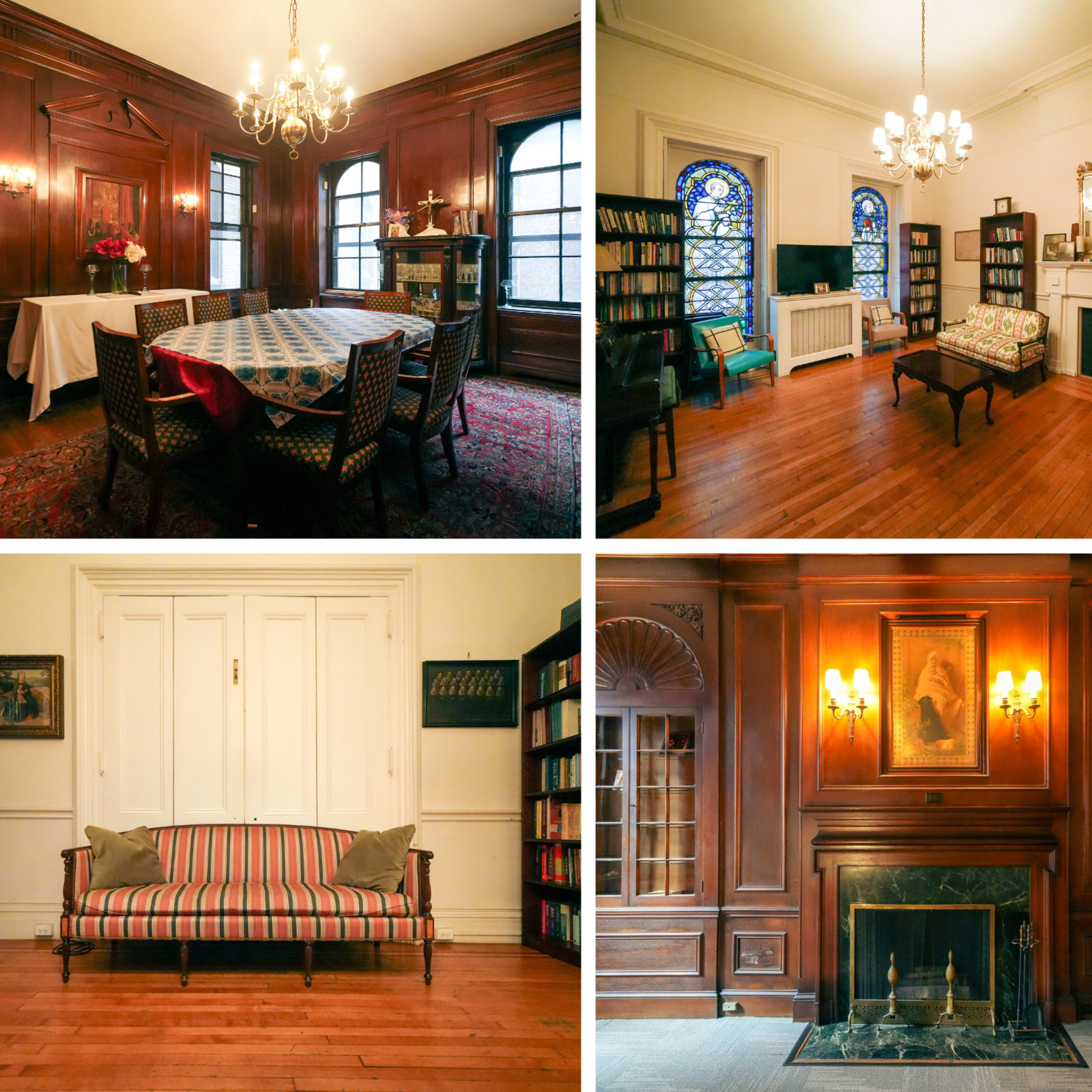 A series of well-furnished rooms with wooden walls, a dining area with a patterned tablecloth, a living room with stained glass windows and bookshelves, and another room featuring a striped sofa and a fireplace.