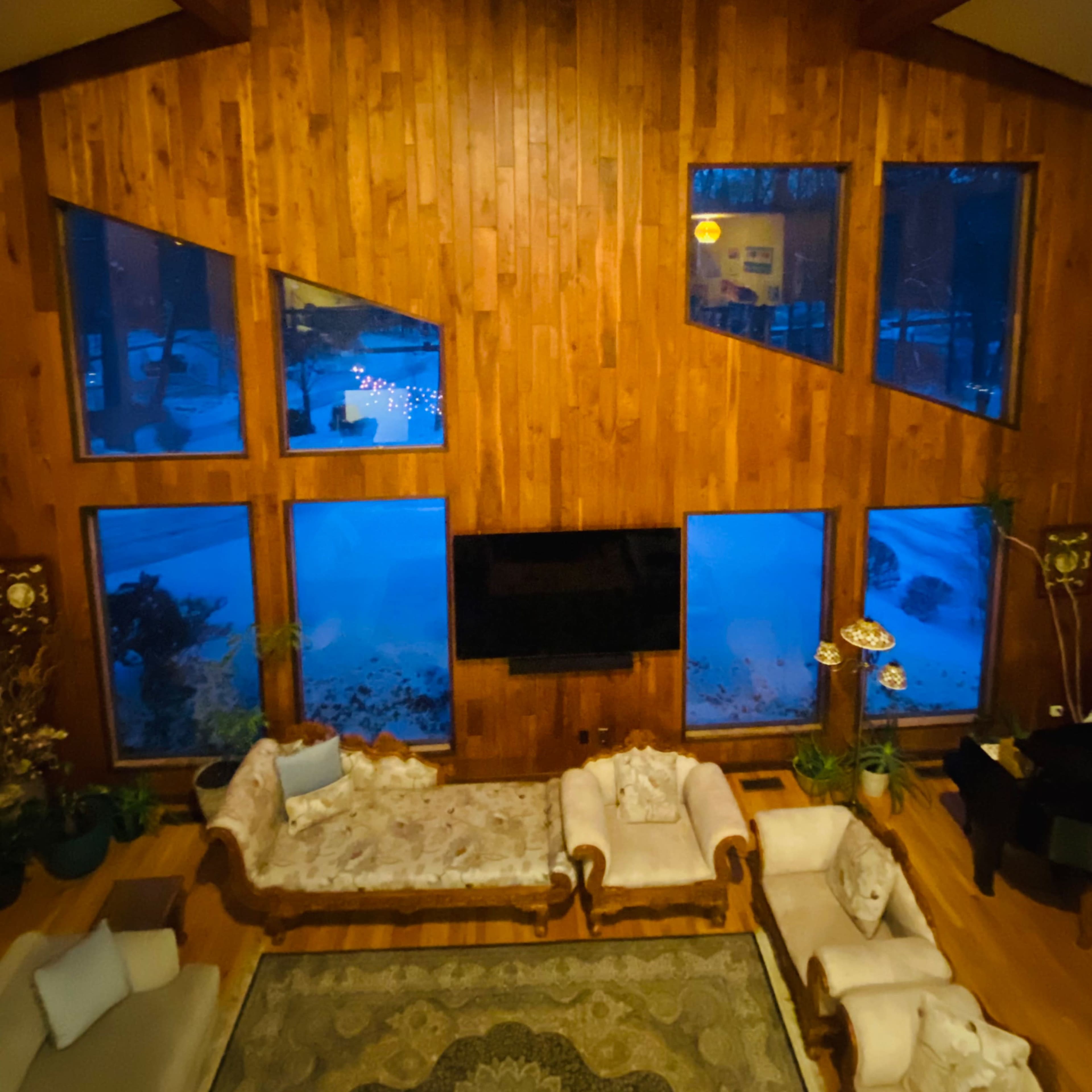 Rich Cedar Paneled Living Room with Expansive Floor to Ceiling Windows Image in Brookfield, Brookfield, CT