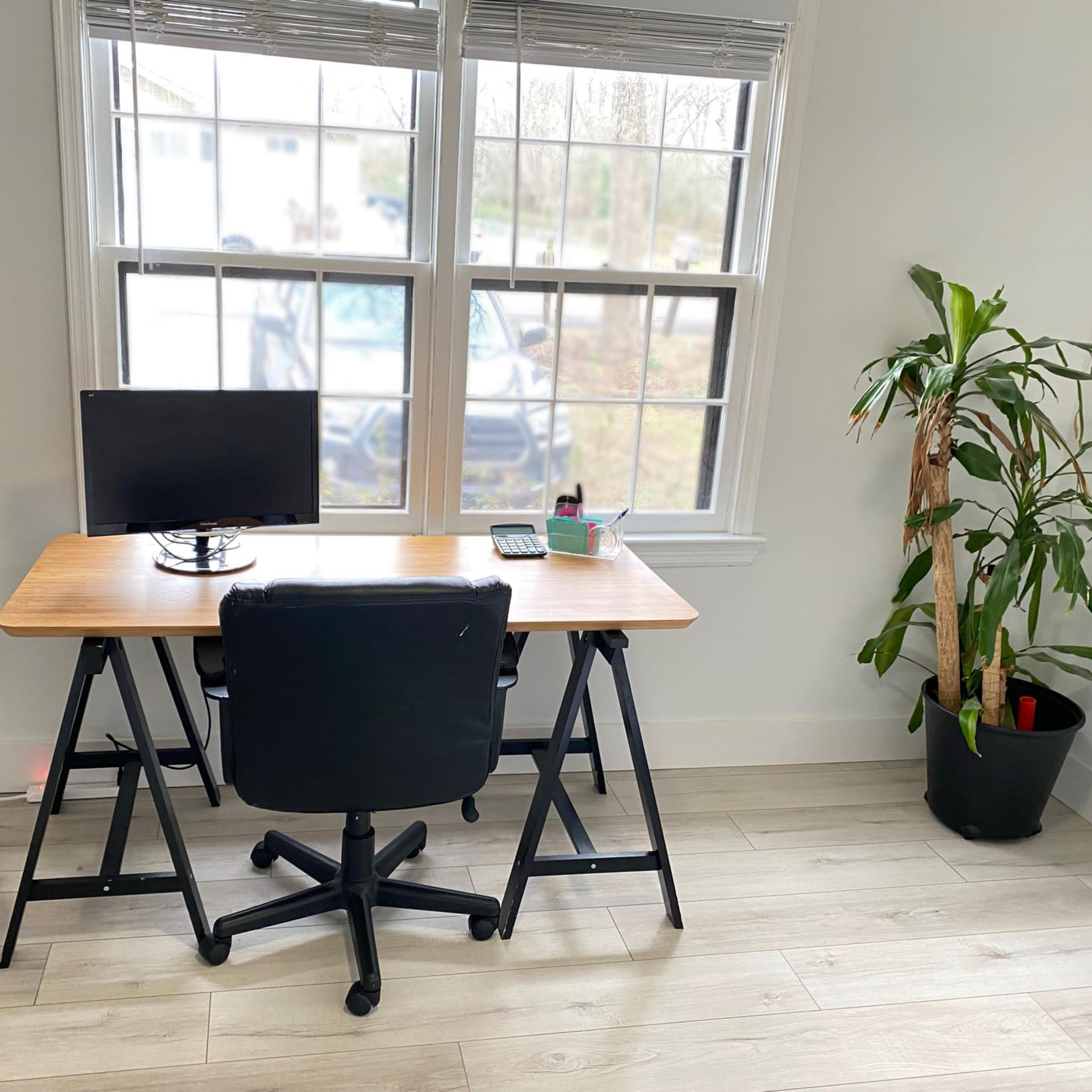A simple office setup features a wooden desk with a monitor and a rolling chair positioned near a window, alongside a potted plant.
