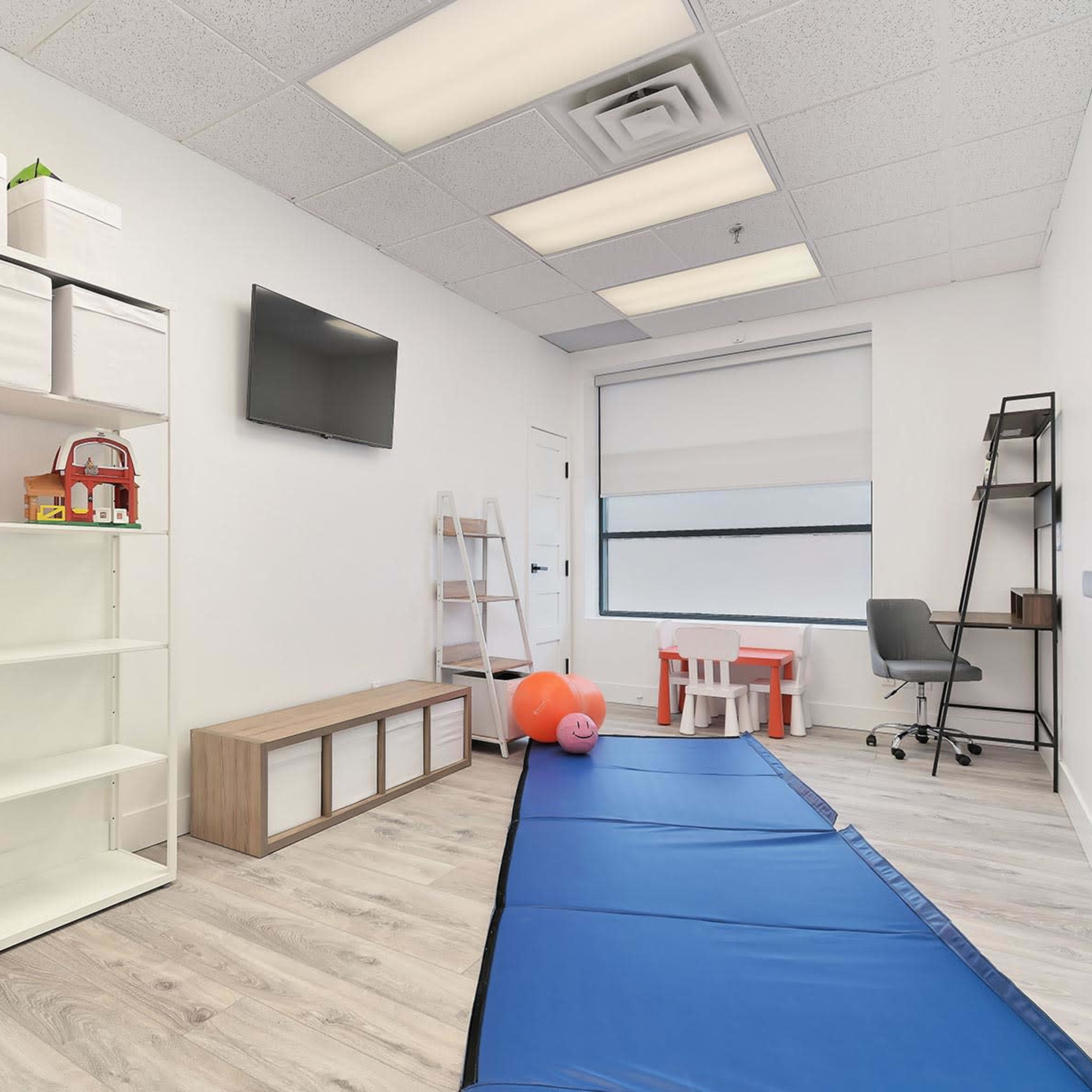 A bright, organized room featuring a shelf with toys, a TV on the wall, a desk with a chair, and a padded blue mat on the floor.