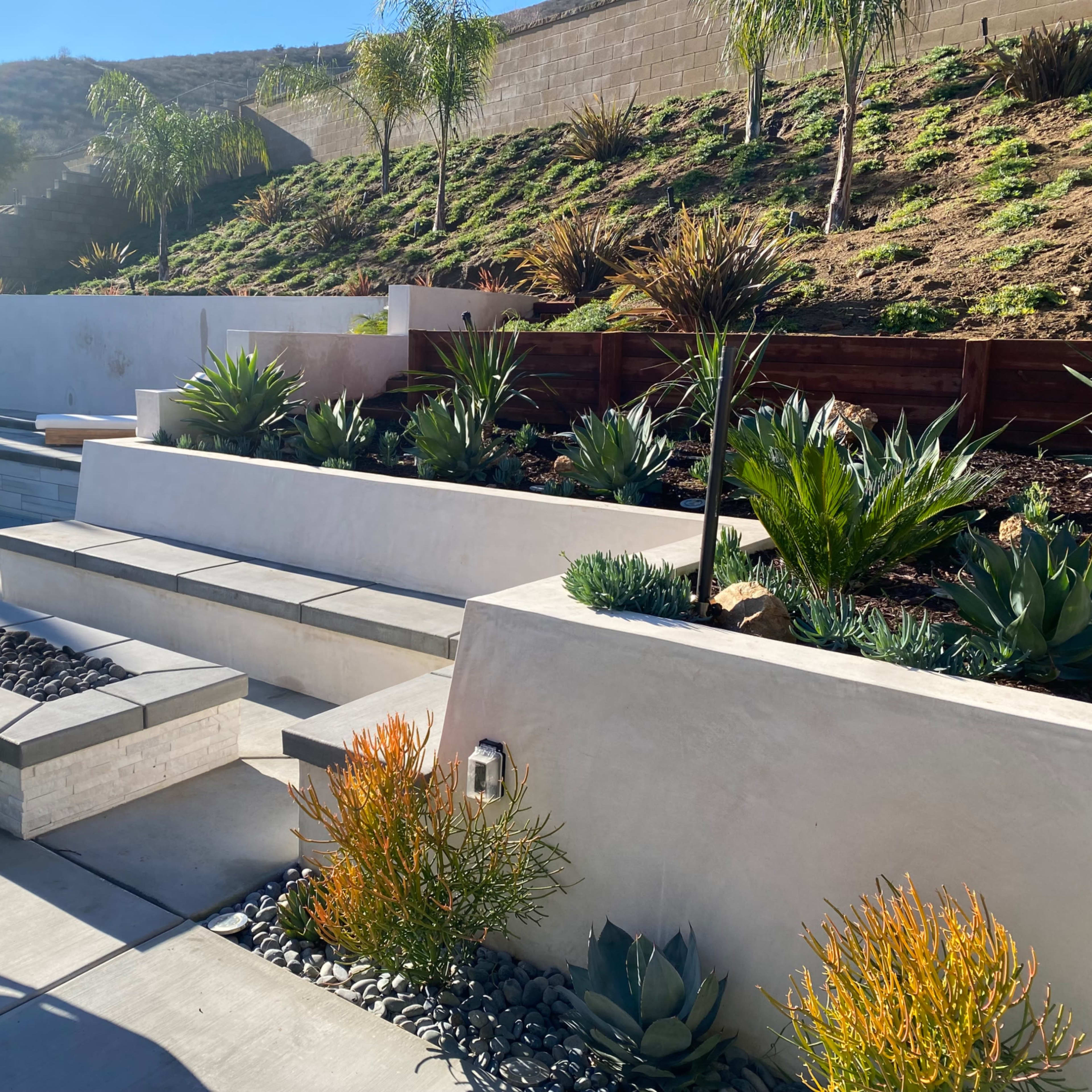 A modern outdoor area with a swimming pool, tiered stone steps, and various plants including agaves and grasses.
