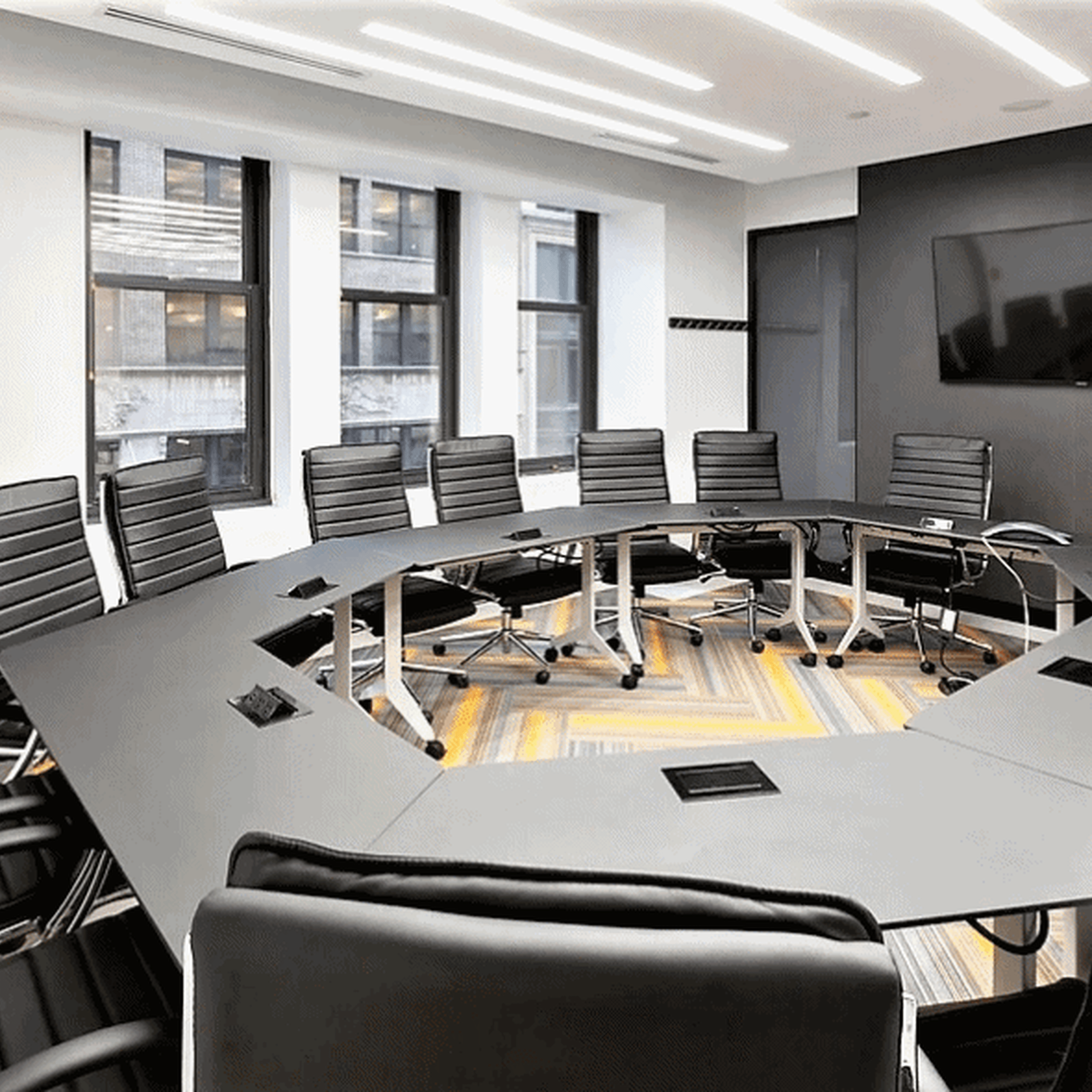 A modern conference room features a large, oval table surrounded by black executive chairs, with a wall-mounted TV and large windows providing natural light.