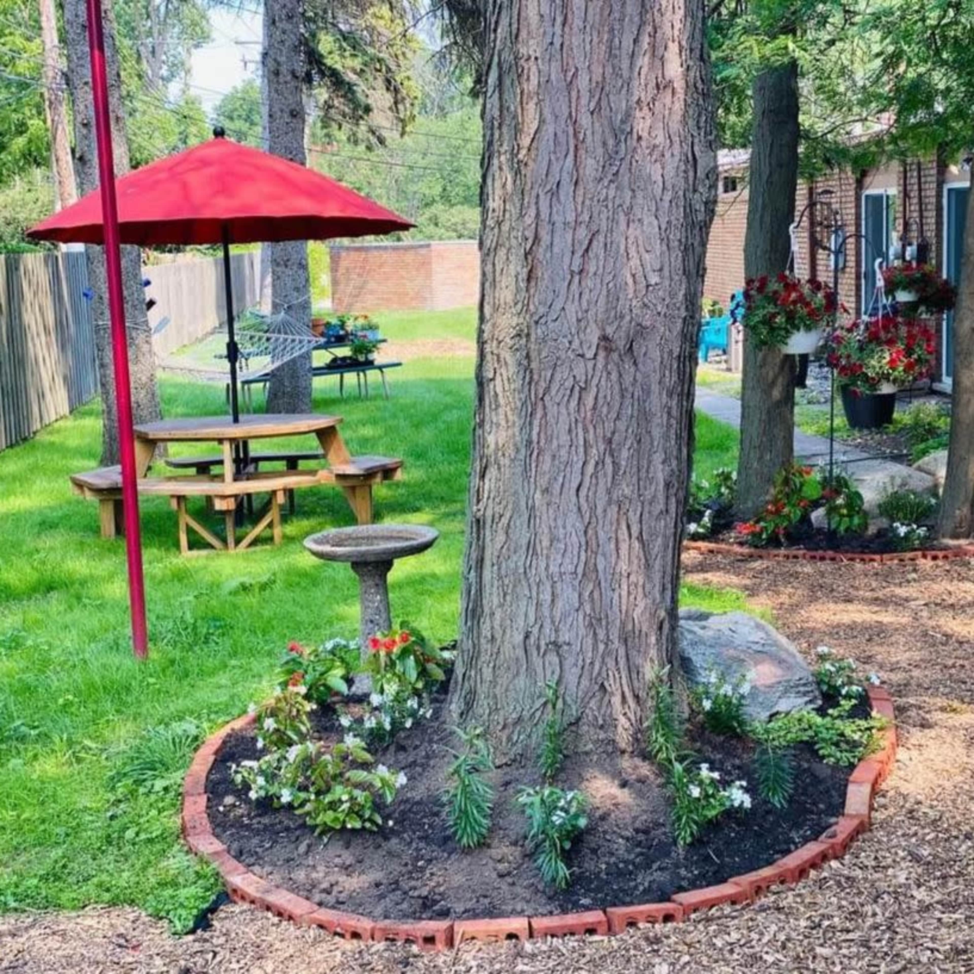A garden area with a large tree surrounded by flower beds, a picnic table set beneath a red umbrella, and a birdbath nearby.