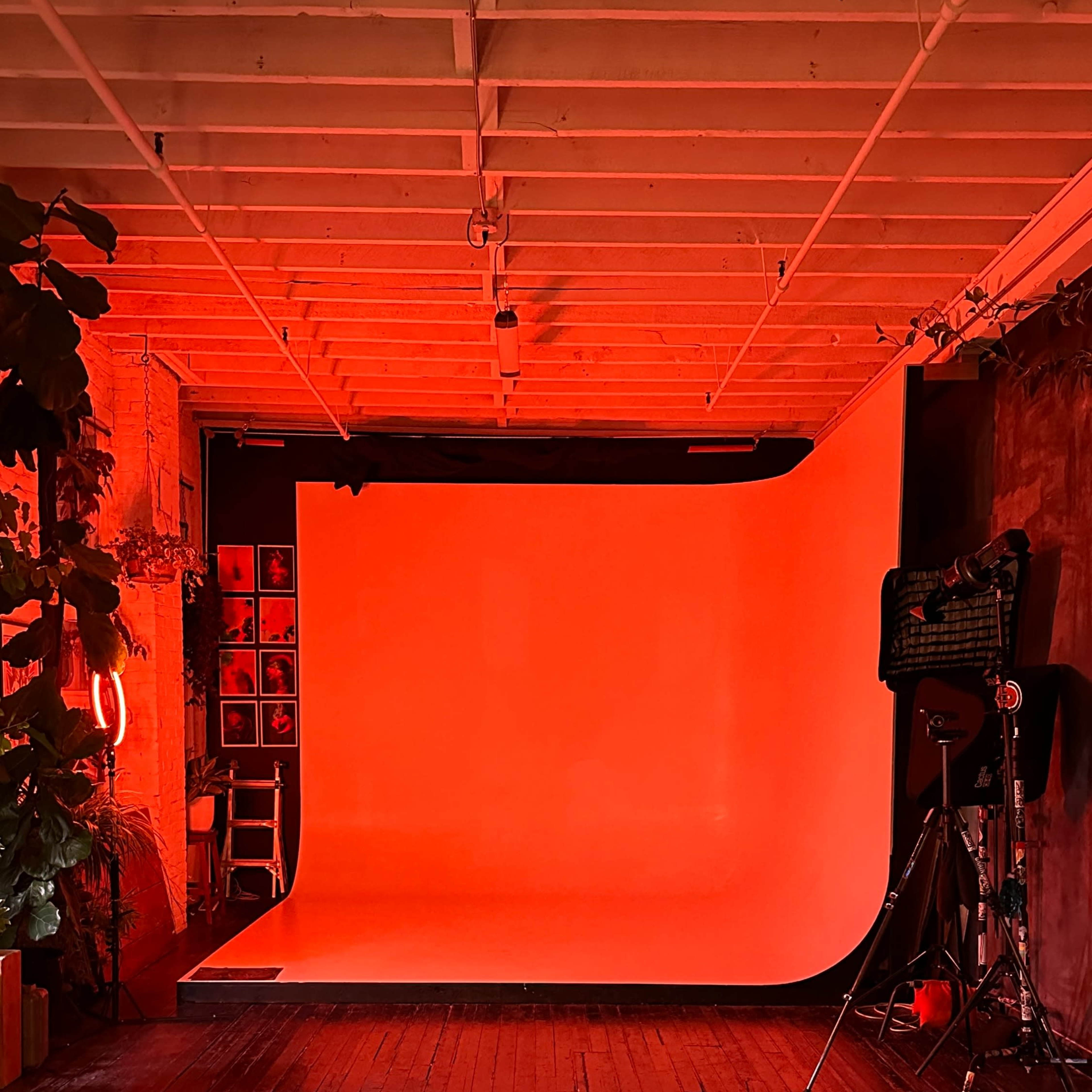 A photography studio with a red-lit backdrop, a white seamless backdrop, and various equipment positioned around the space.