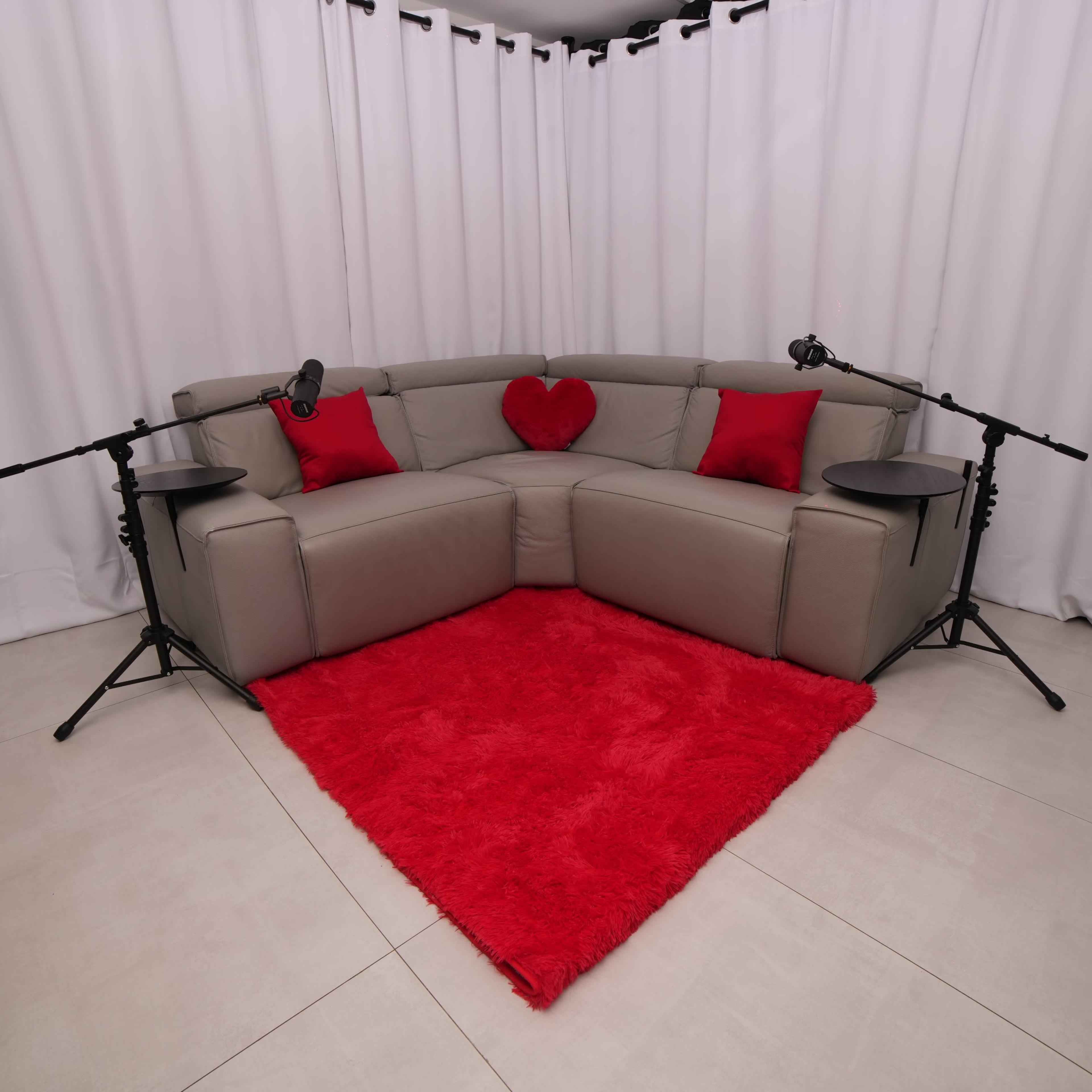 A corner seating arrangement with a grey sectional sofa adorned with red pillows and a heart, accompanied by two black tripods with lights, on a red shag rug, set against white curtains.