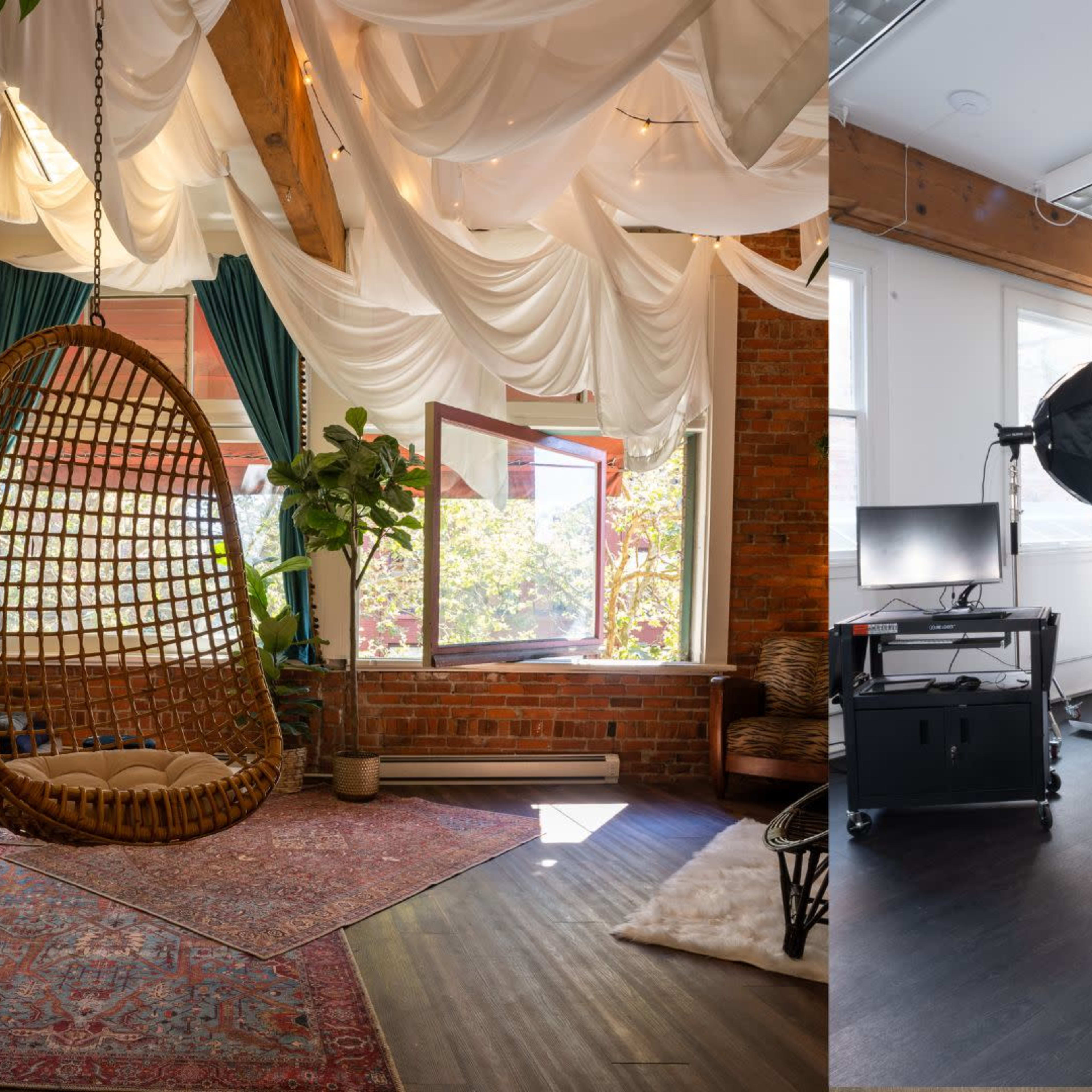 A split scene with a cozy room featuring a hanging chair and large windows on one side, and a photography studio with a white backdrop and lighting setup on the other.