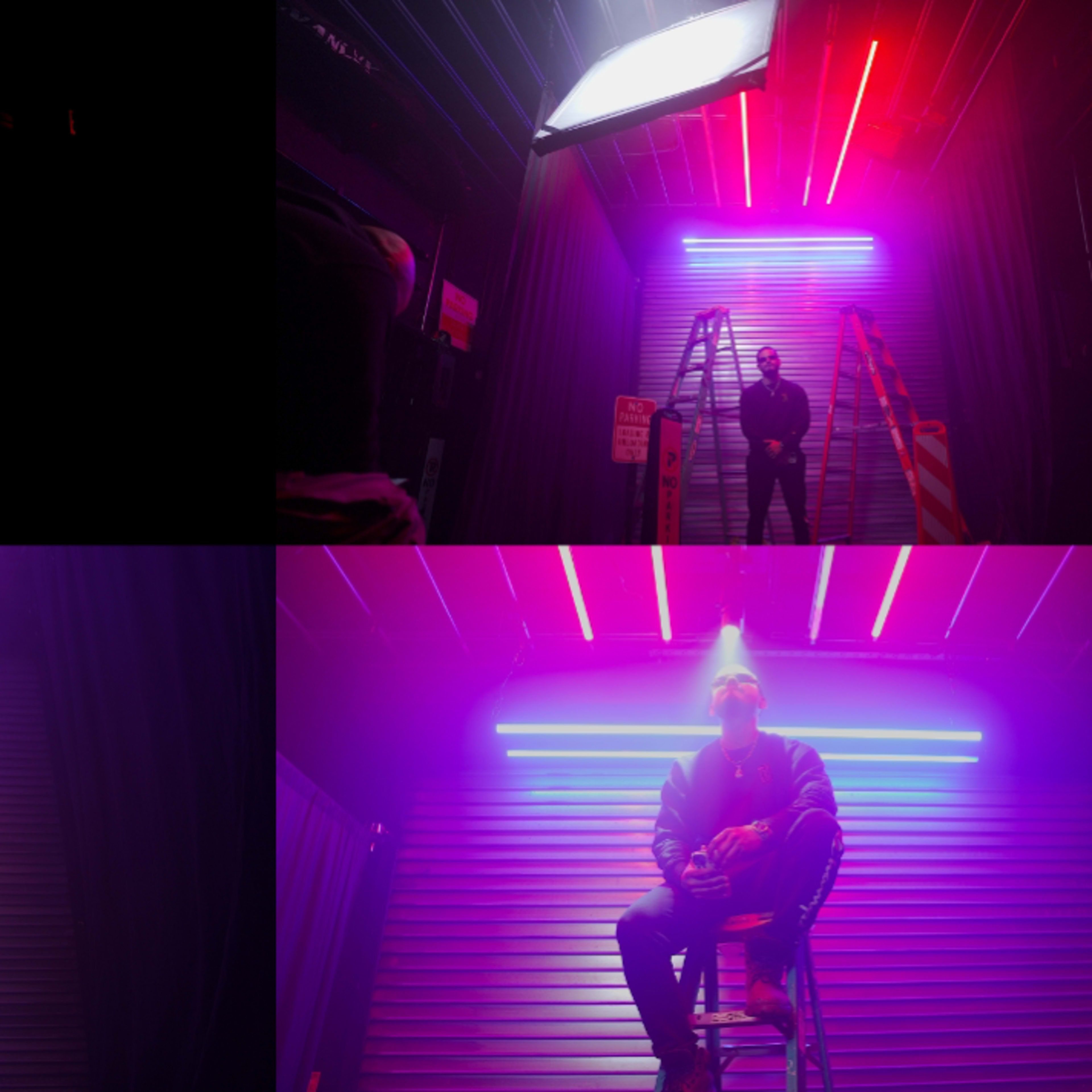 Four scenes of individuals posing with dramatic lighting and shadows in a narrow, illuminated space with neon elements.