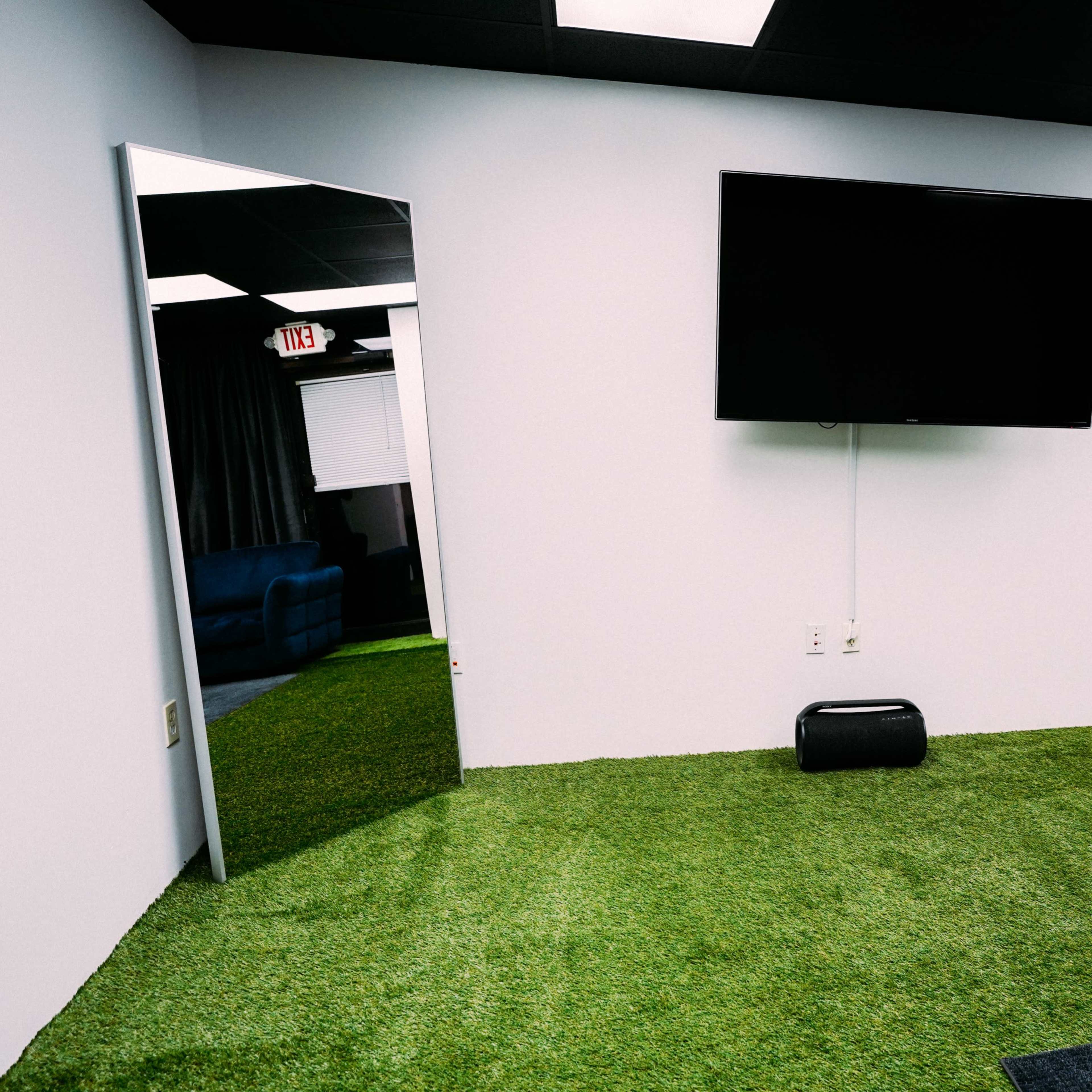 A room with artificial grass flooring, a flat-screen TV mounted on the wall, and a door leading to another space.