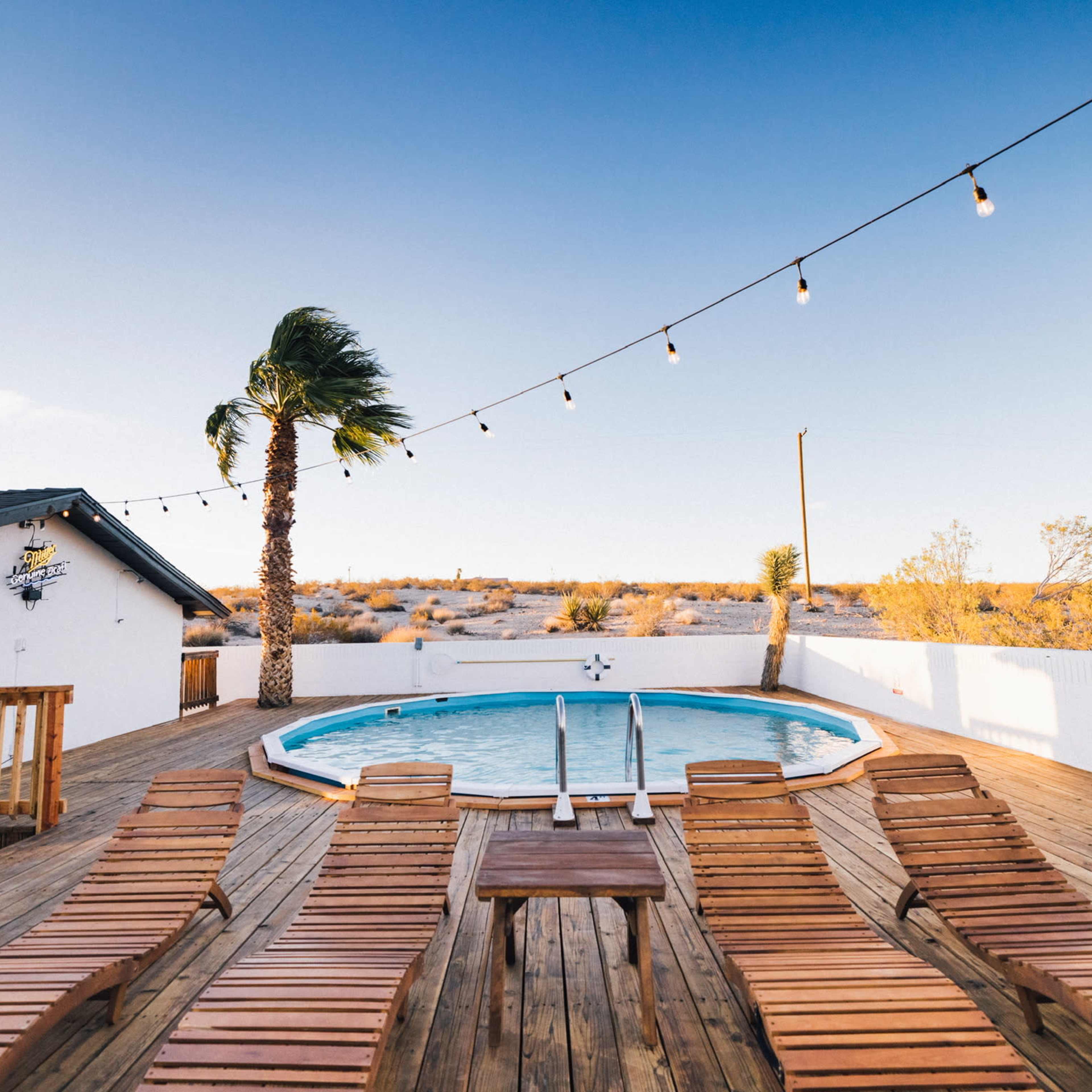 A semicircular pool is surrounded by wooden lounge chairs on a deck, with a palm tree and string lights above in a desert landscape.