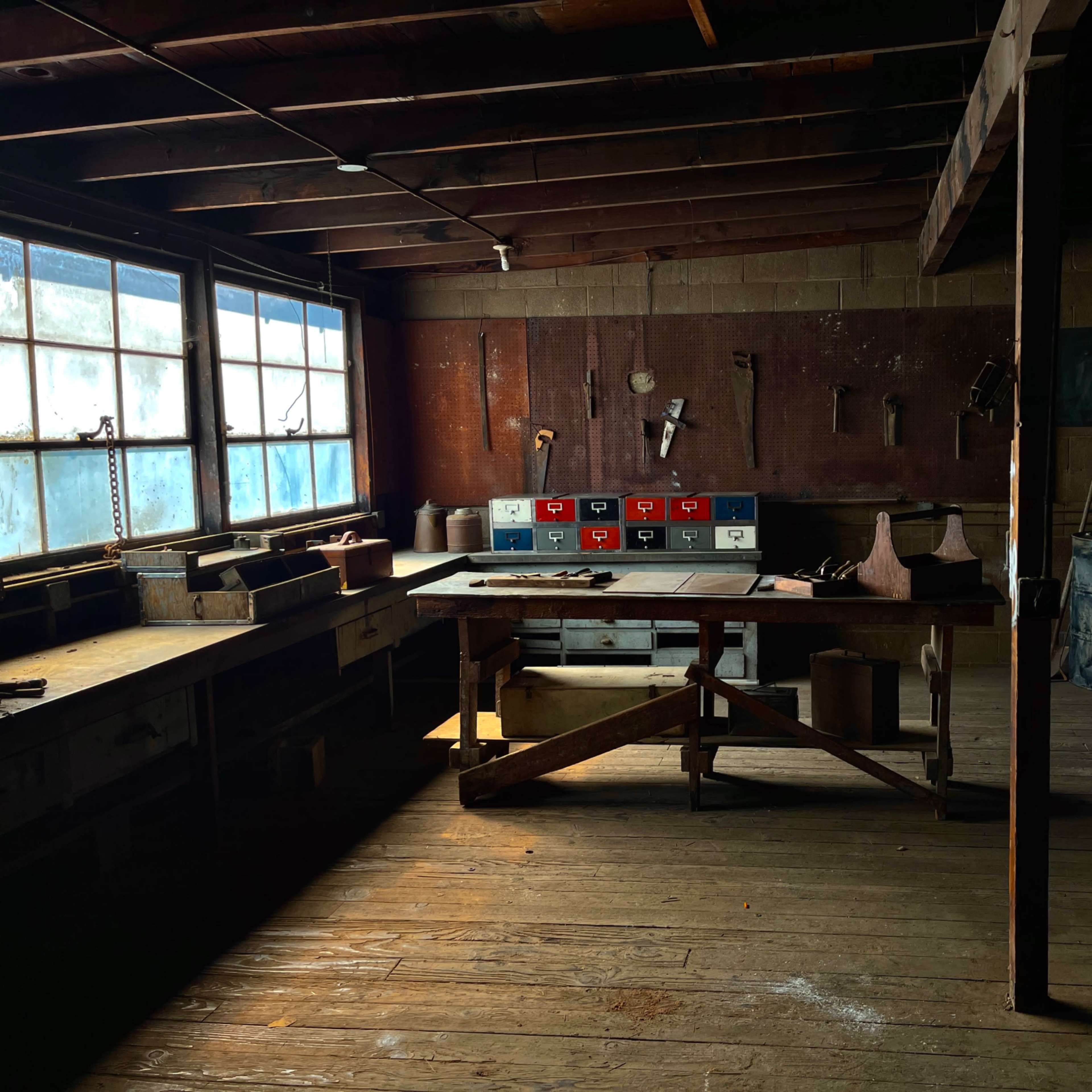 An empty workshop with wooden floors, a large table at the center, and various tools and items arranged on the walls and counters.