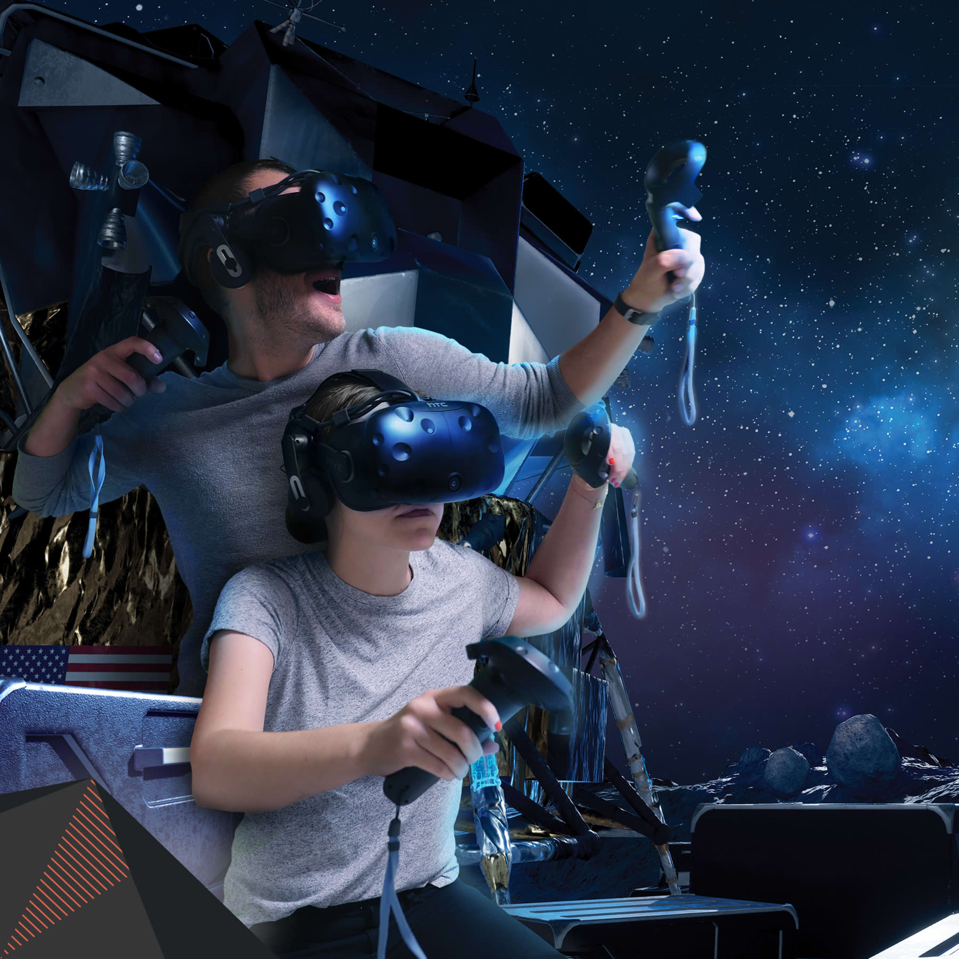 A man and a child are using virtual reality headsets while immersed in a space-themed environment featuring a view of Earth from a distance.