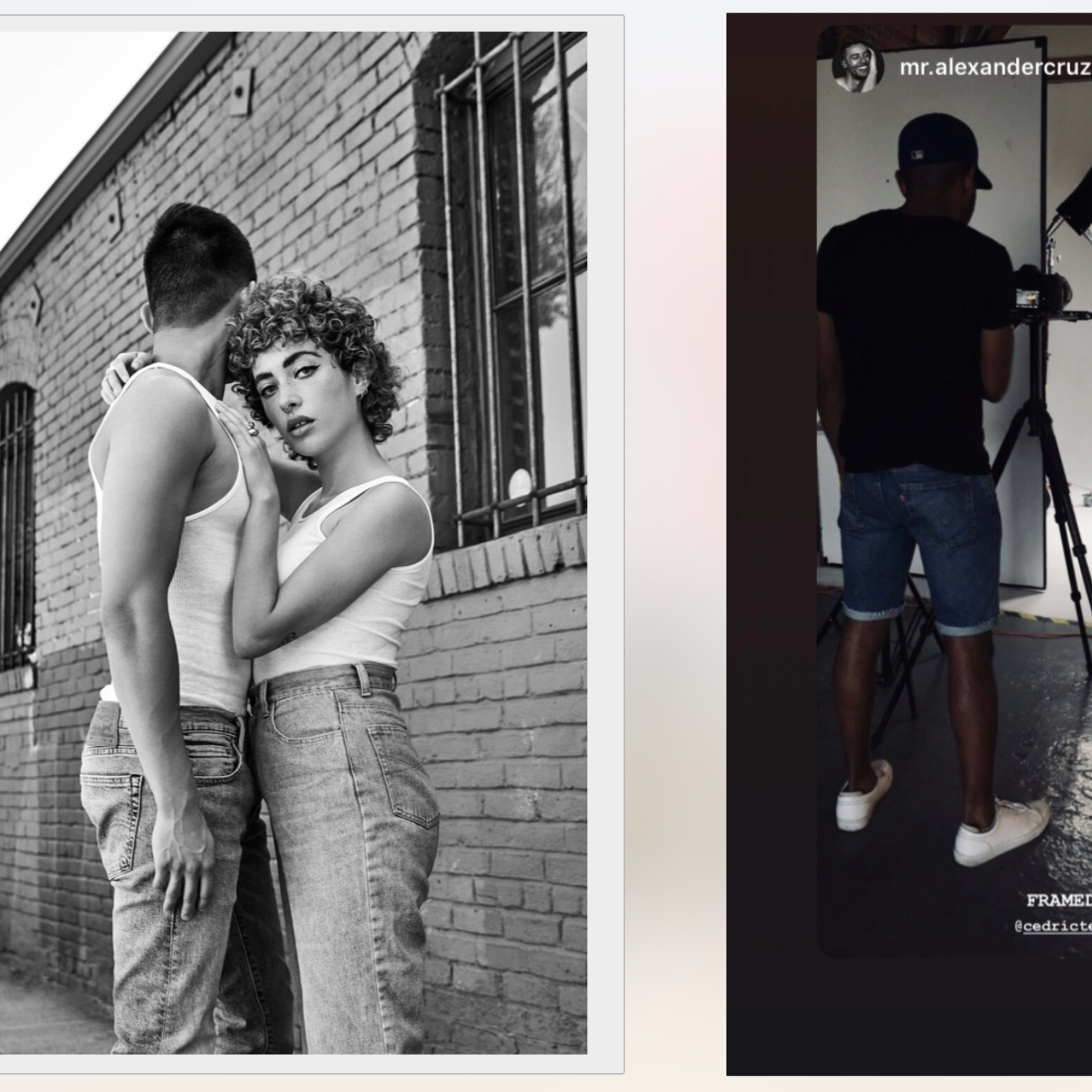 A man and woman posing closely together in front of a brick wall, while another scene features a man in a studio setting preparing for a photoshoot with a camera and lighting equipment.