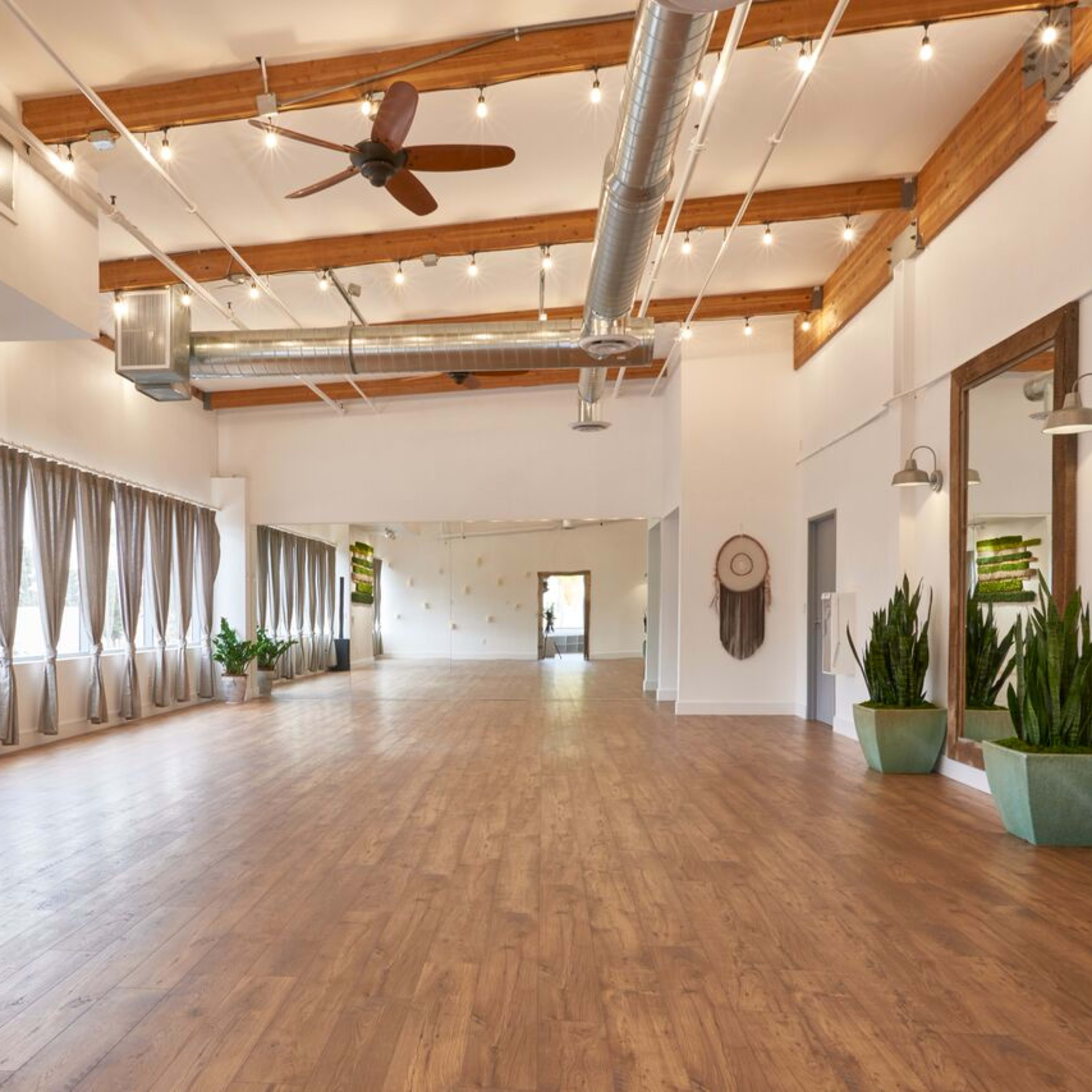A spacious, well-lit interior room with wooden flooring, decorative plants, and large mirrors on the walls.