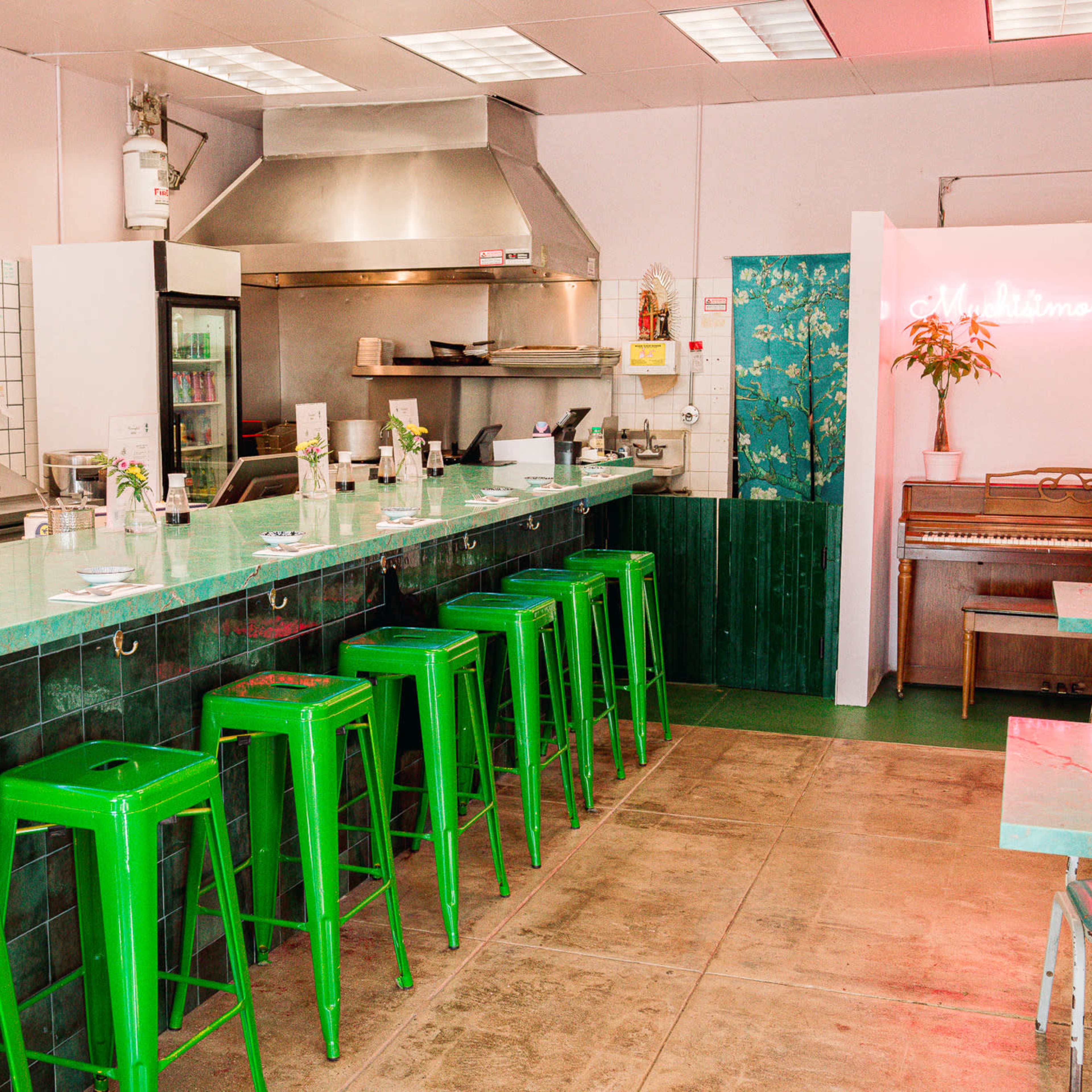 Charming Echo Park restaurant with beautiful turquoise-blue bar Image in Echo Park, Los Angeles, CA