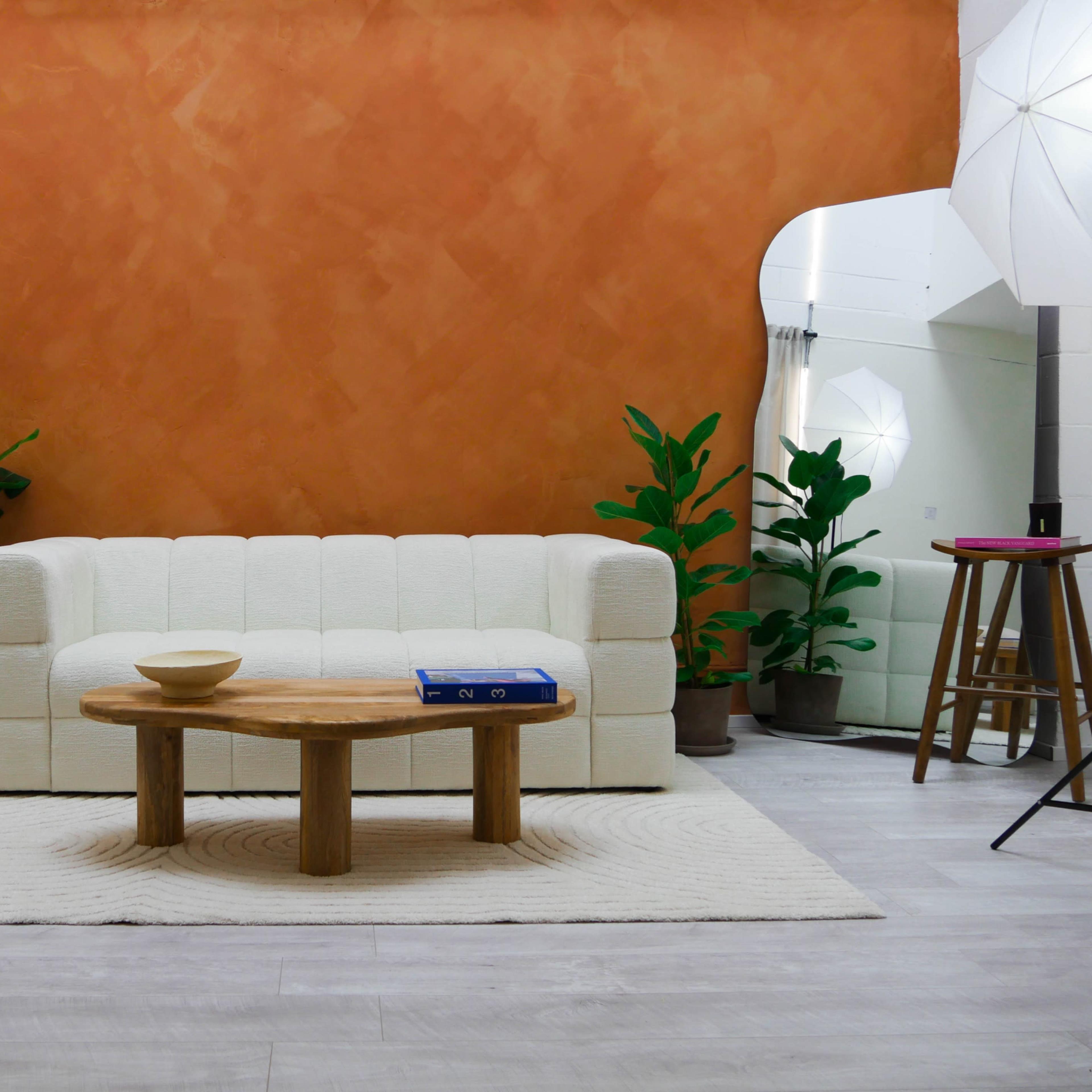 A modern living space with a white couch, a wooden coffee table, and potted plants against an orange wall, complemented by soft lighting from studio umbrellas.