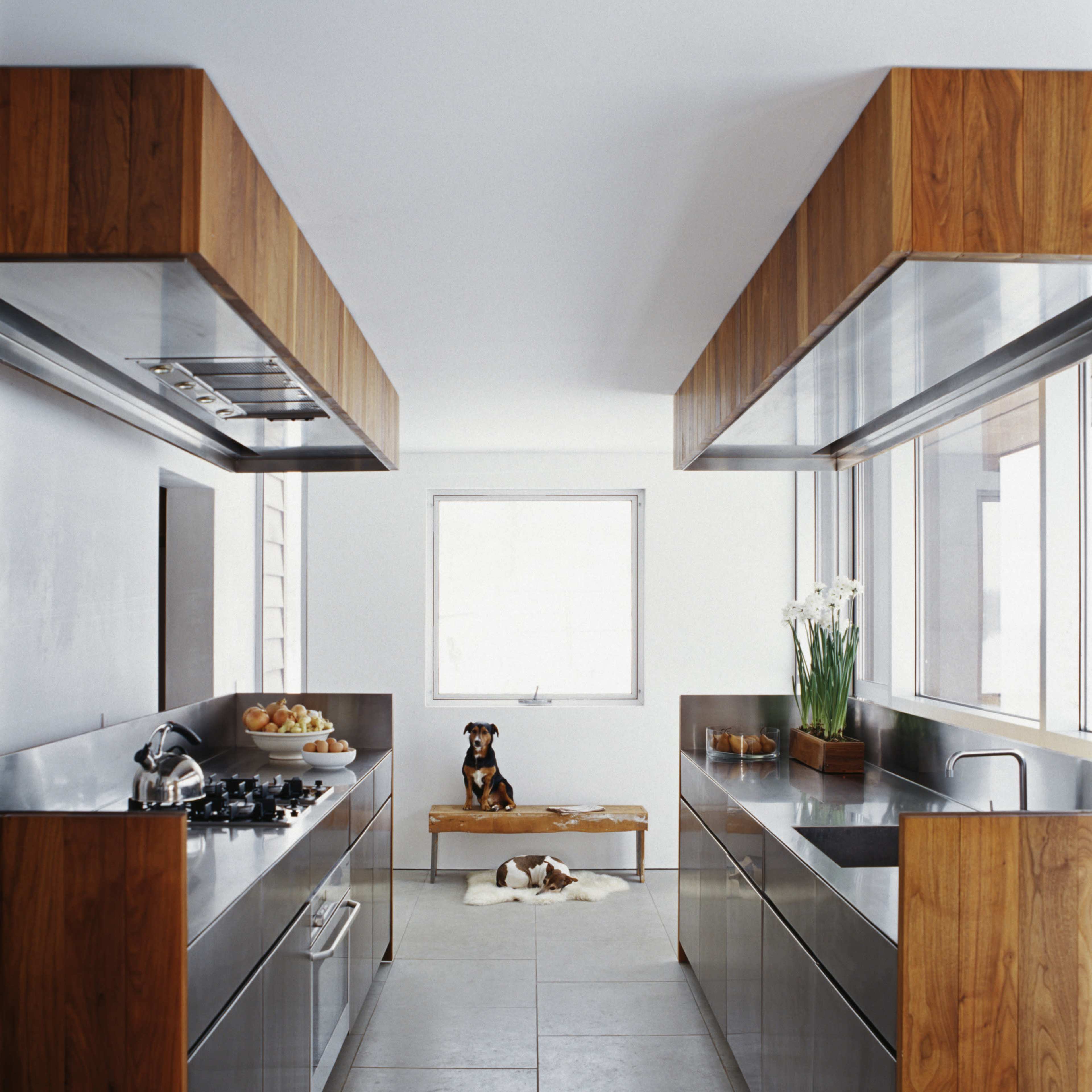 A contemporary kitchen features stainless steel cabinets, a central cooking area, and a dog sitting on a wooden bench near a window.