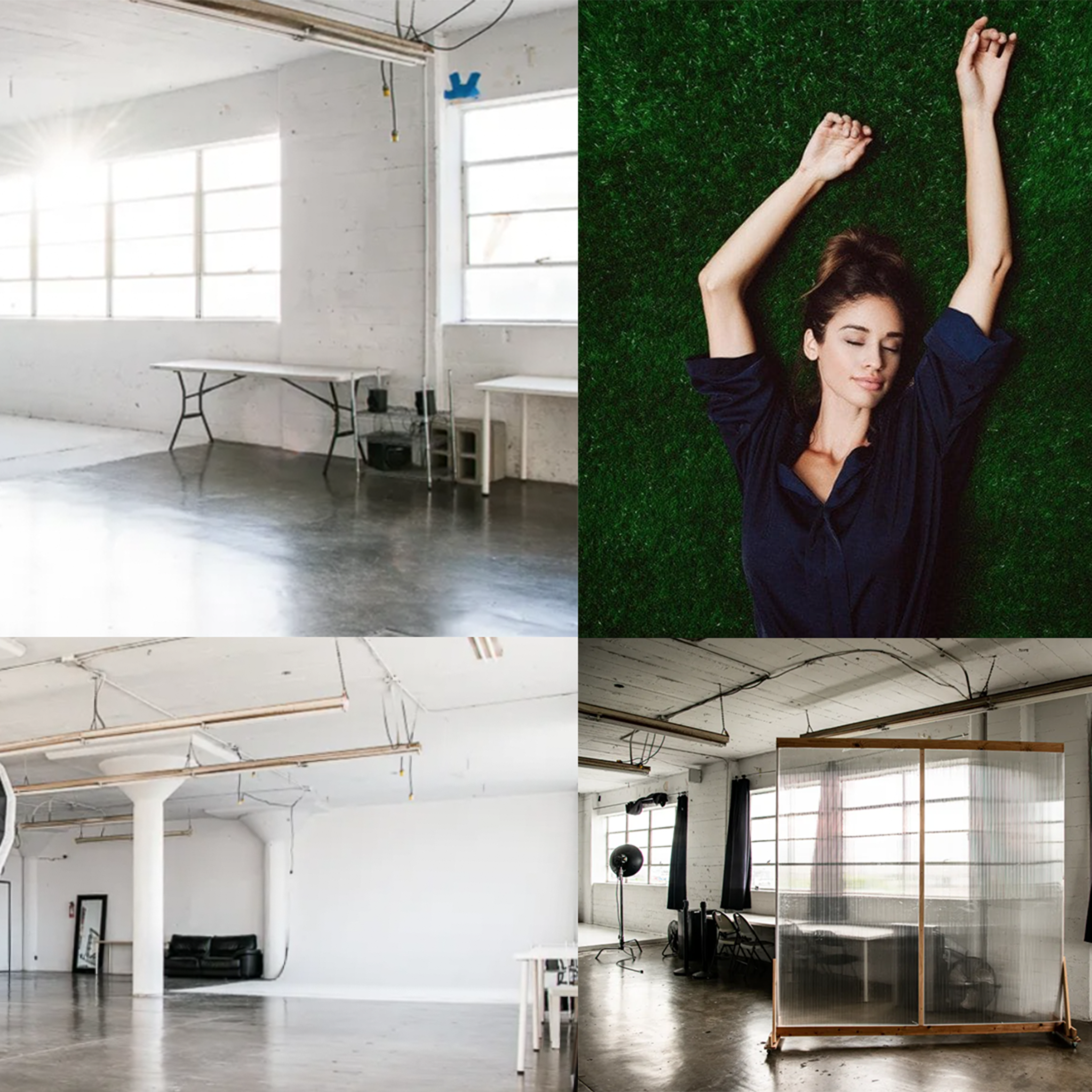 A spacious studio with white walls, large windows, and various photography equipment, including a backdrop and softbox, alongside a woman lying on a green turf surface.