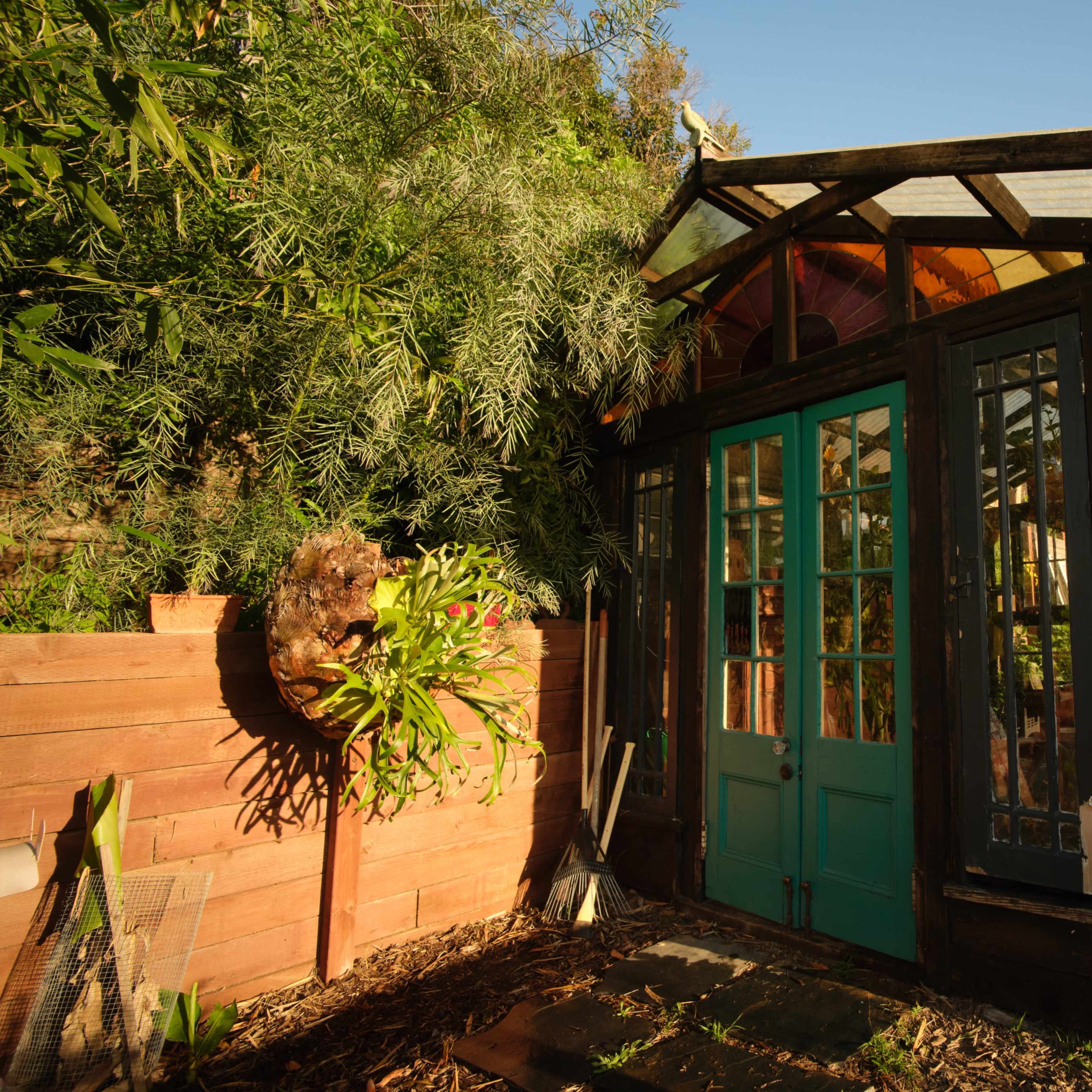 A wooden greenhouse with turquoise double doors, surrounded by greenery and wooden fencing.