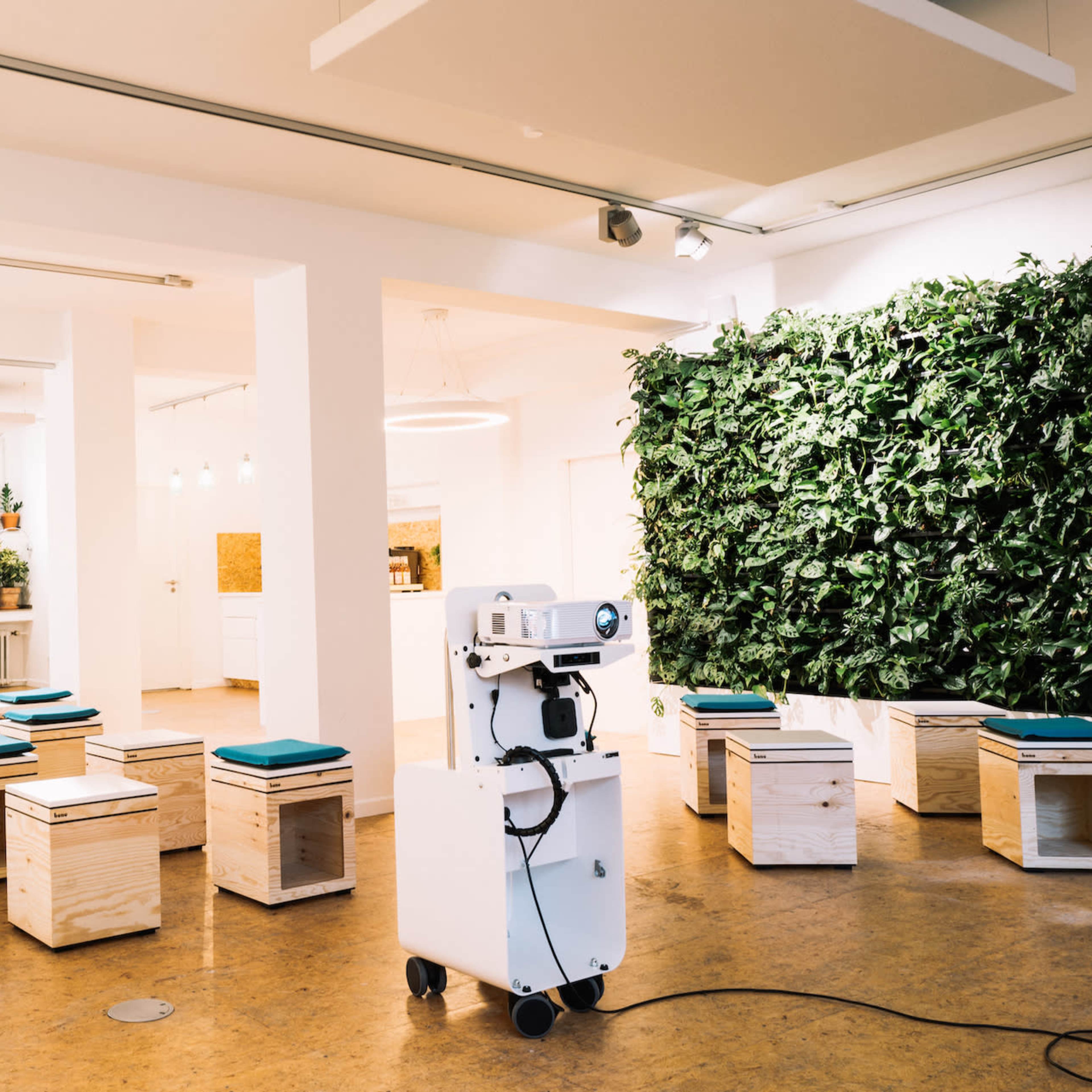 A modern, minimalist room features wooden stools with blue cushions arranged in rows, a large green wall of plants, and a projector on a cart at the front.